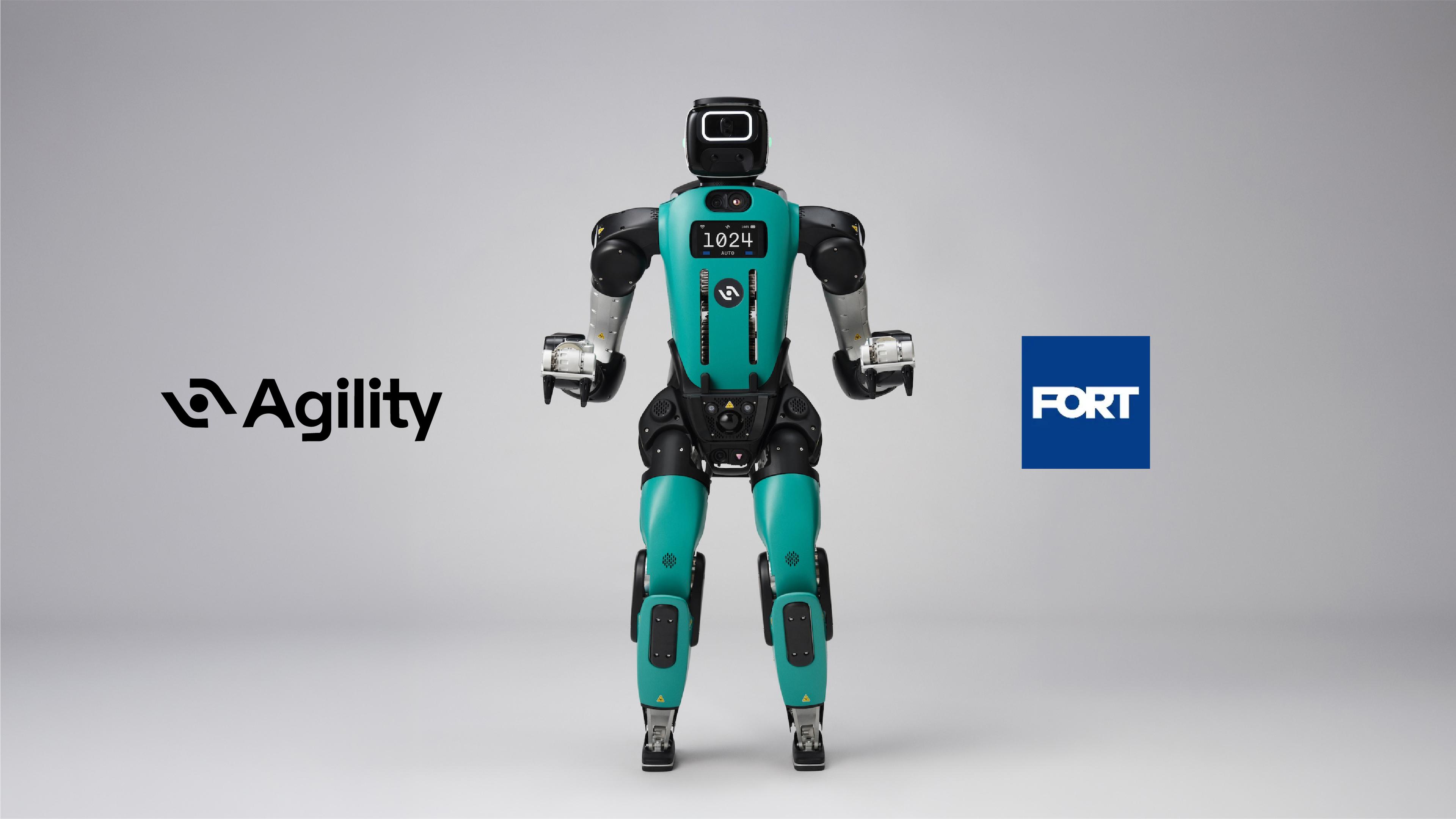 Agility Robotics’ Digit 5 humanoid robot pictured between the Agility and FORT Robotics logos.
