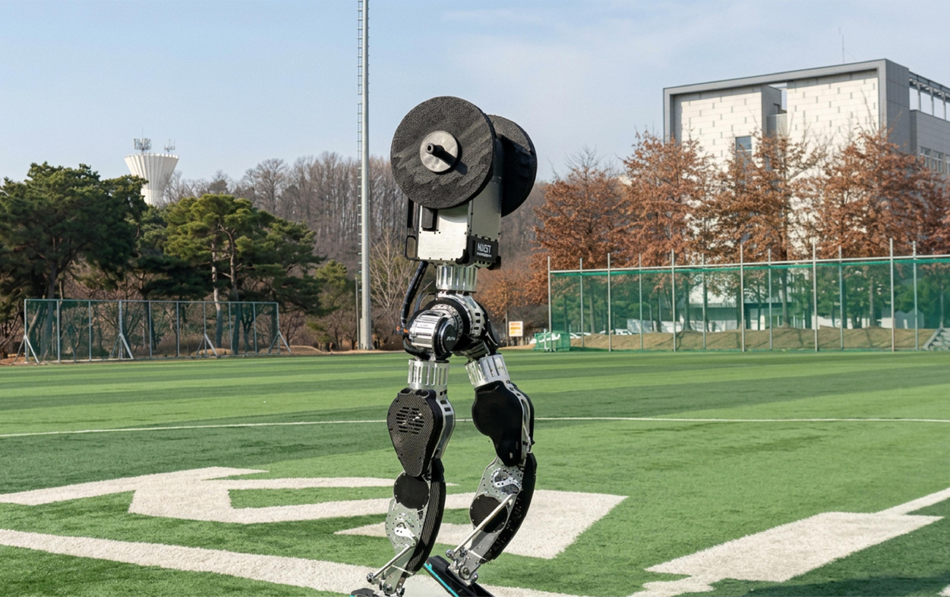 A two-legged walking robot with a circular body moves across an outdoor sports field near in a university.