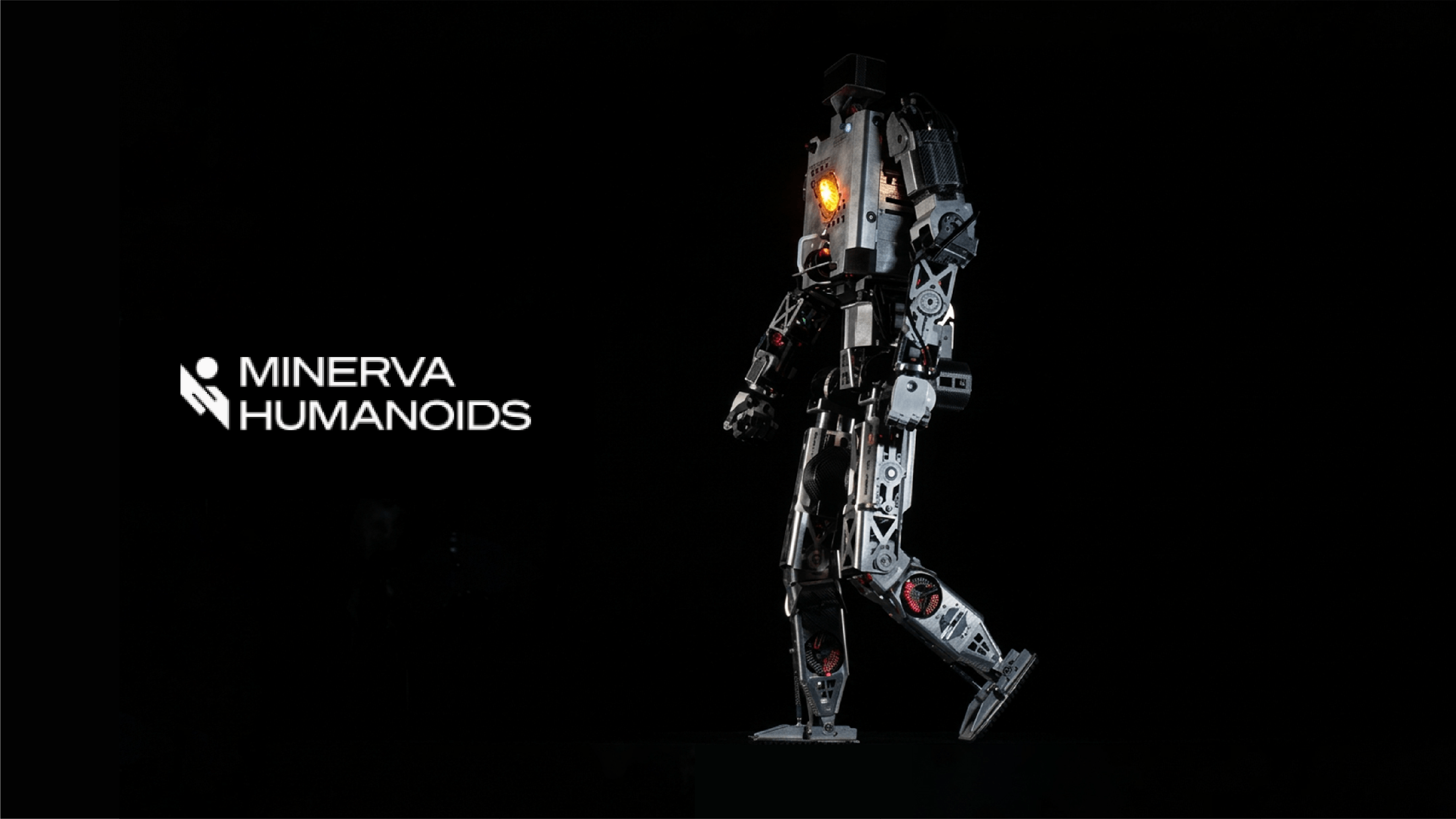 Minerva Humanoids' humanoid robot Roger, shown in a walking pose with exposed mechanical components and an illuminated chest panel against a black background.