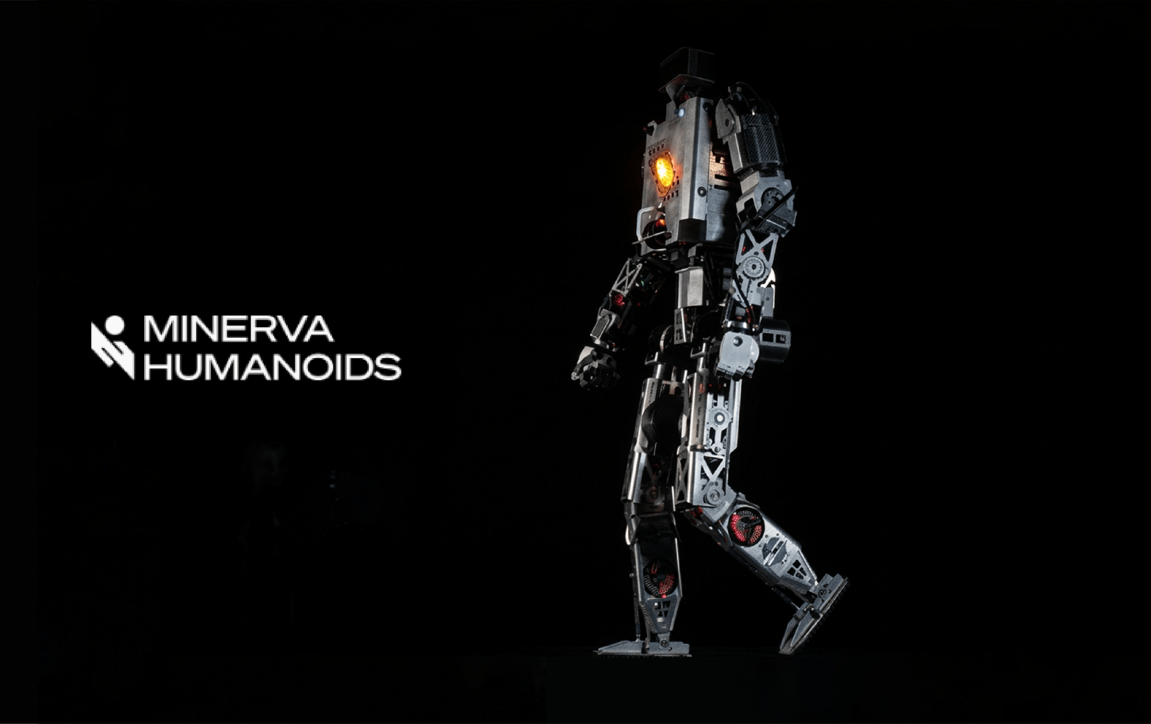 Minerva Humanoids' humanoid robot Roger, shown in a walking pose with exposed mechanical components and an illuminated chest panel against a black background.