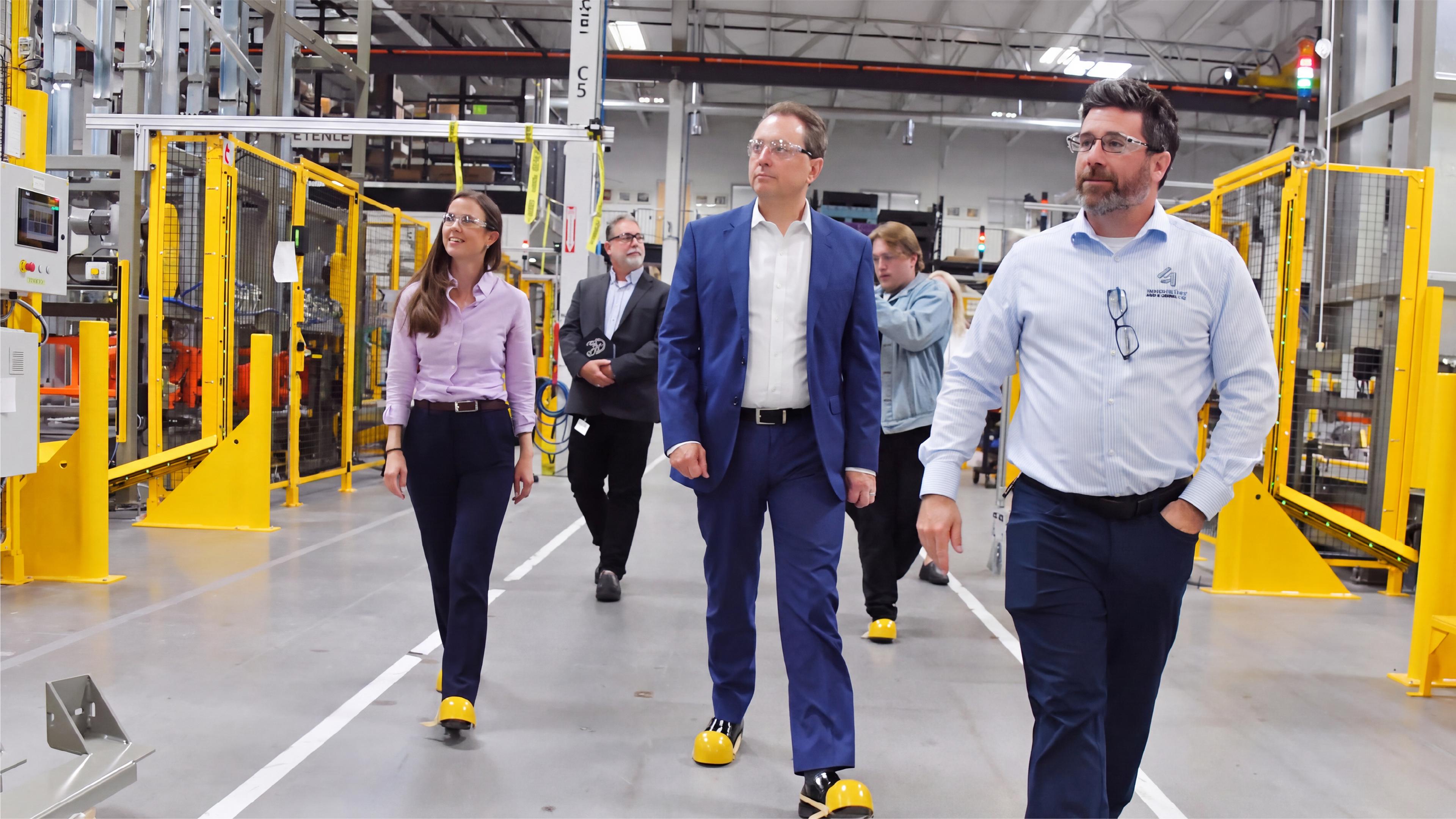 Visitors tour an advanced manufacturing facility equipped with automated machinery and industrial safety systems.