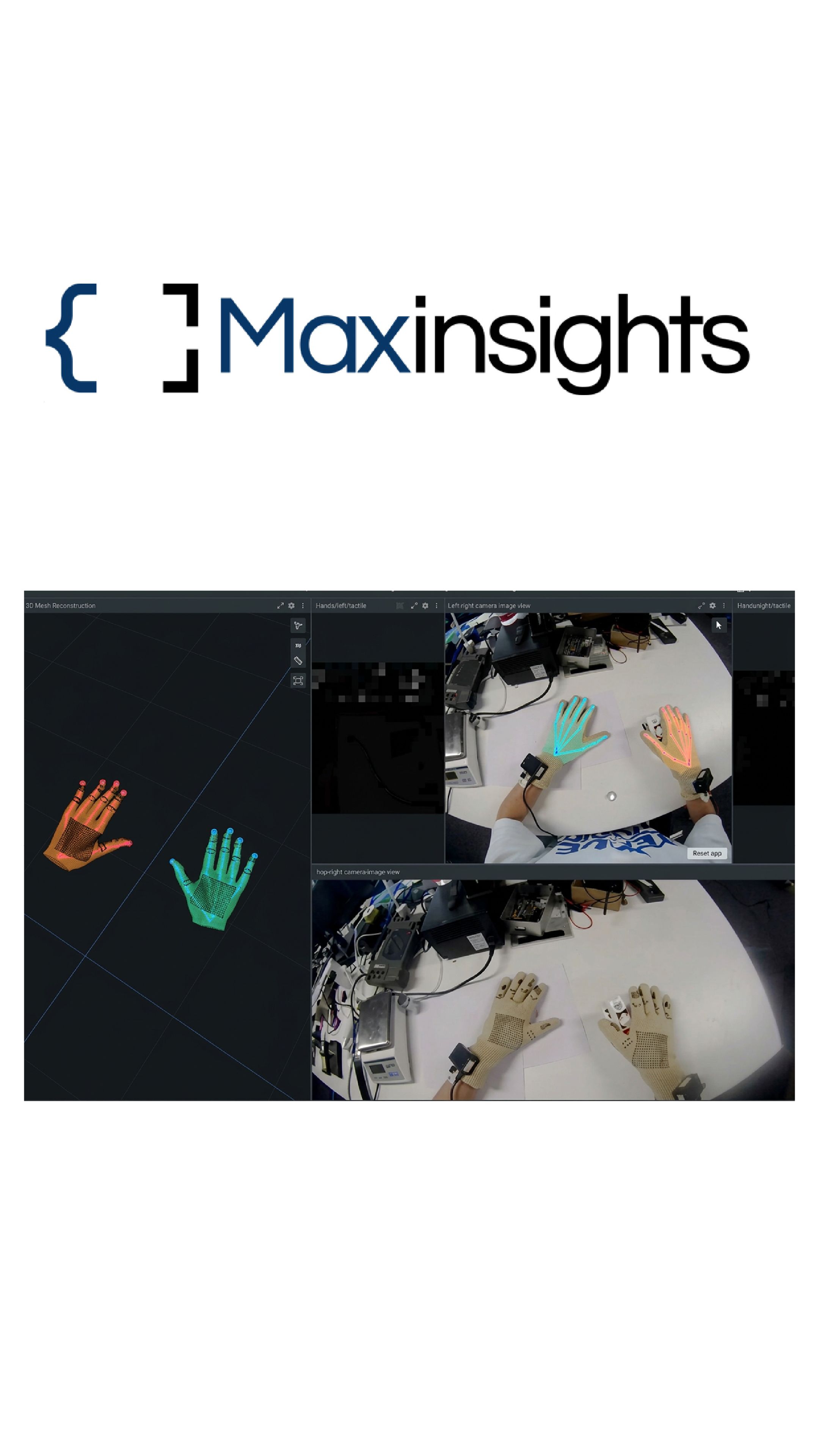 Maxinsights' MaxGlove sensor gloves shown during testing, with camera views and digital hand-tracking visualizations displaying finger positions and movements.