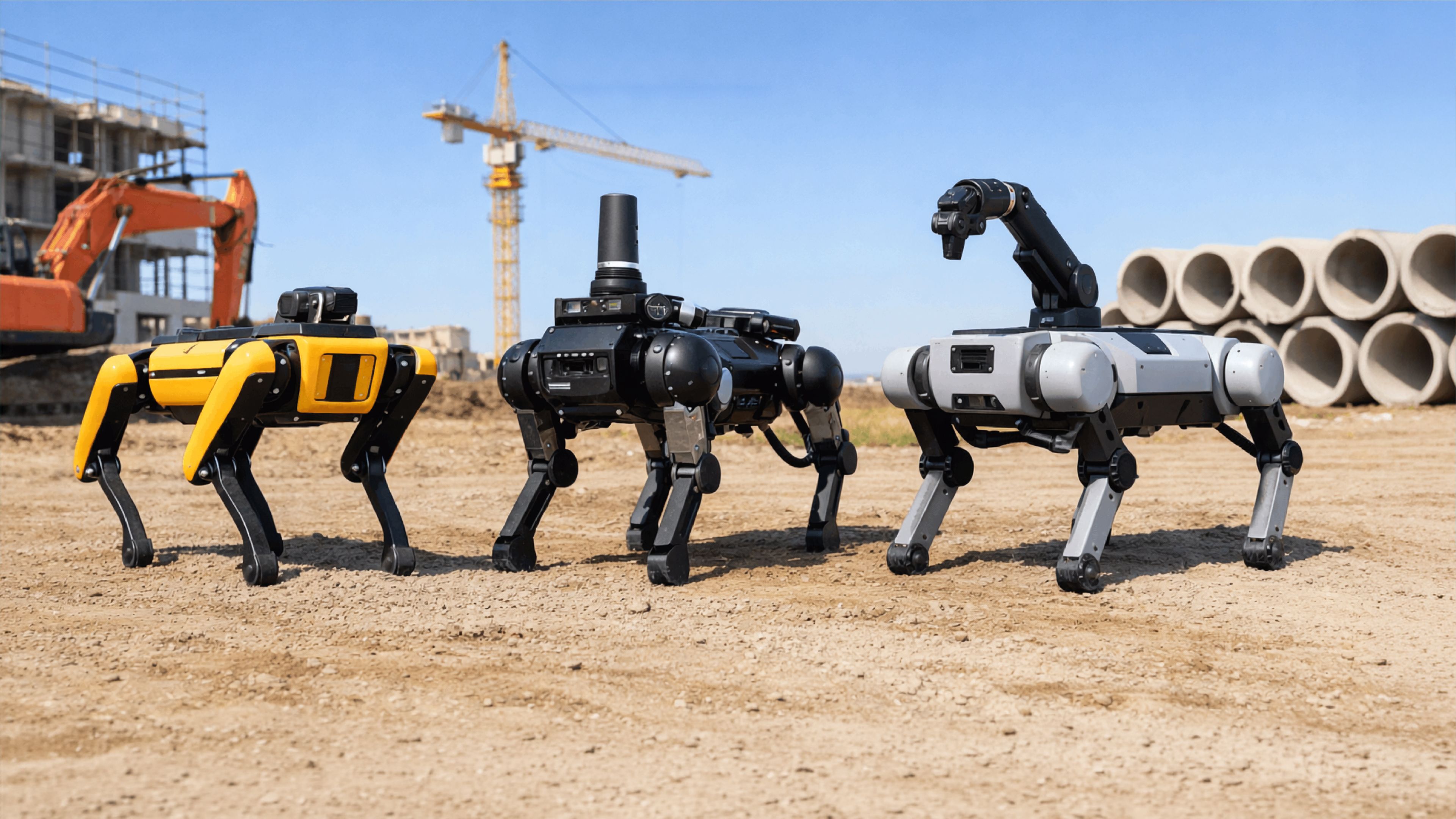 Three quadruped robots, one yellow, one black with a sensor mast, and one gray with a robotic arm, standing on a construction site with a crane and concrete pipes in the background.