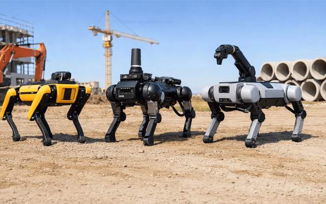 Three quadruped robots in yellow, black and white standing on a construction site, one fitted with a manipulator arm, cranes and an excavator behind.