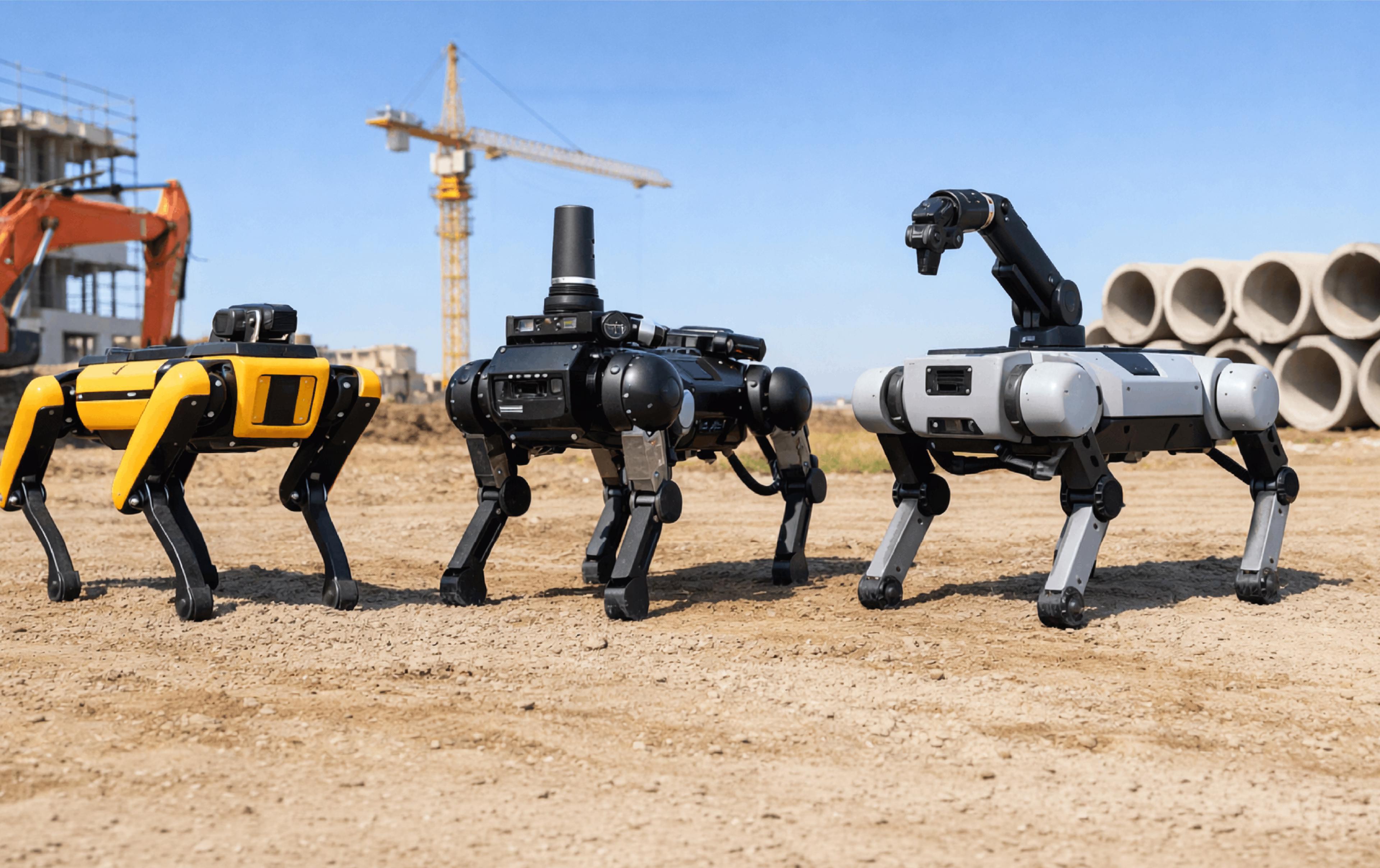 Three quadruped robots, one yellow, one black with a sensor mast, and one gray with a robotic arm, standing on a construction site with a crane and concrete pipes in the background.