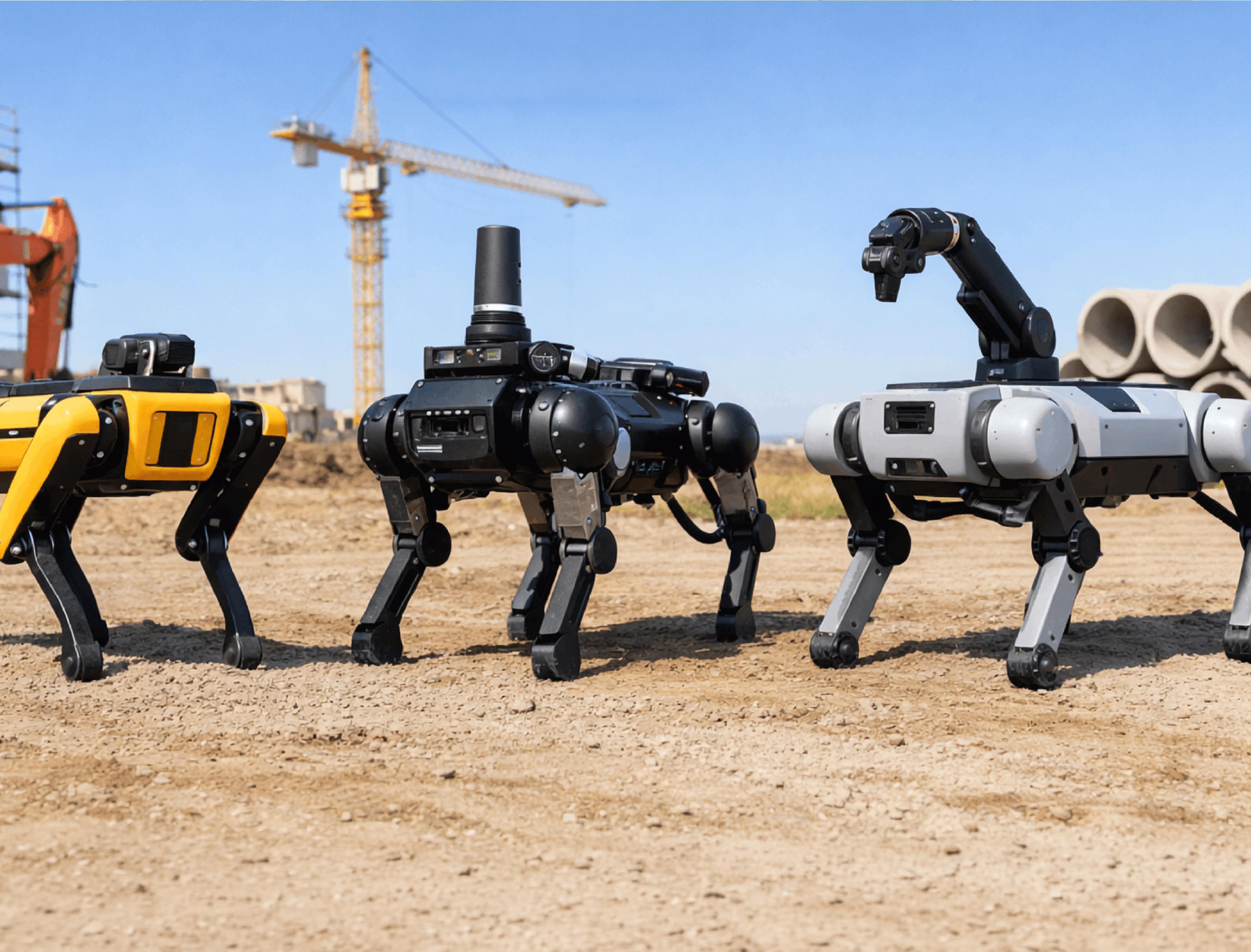 Three quadruped robots, one yellow, one black with a sensor mast, and one gray with a robotic arm, standing on a construction site with a crane and concrete pipes in the background.