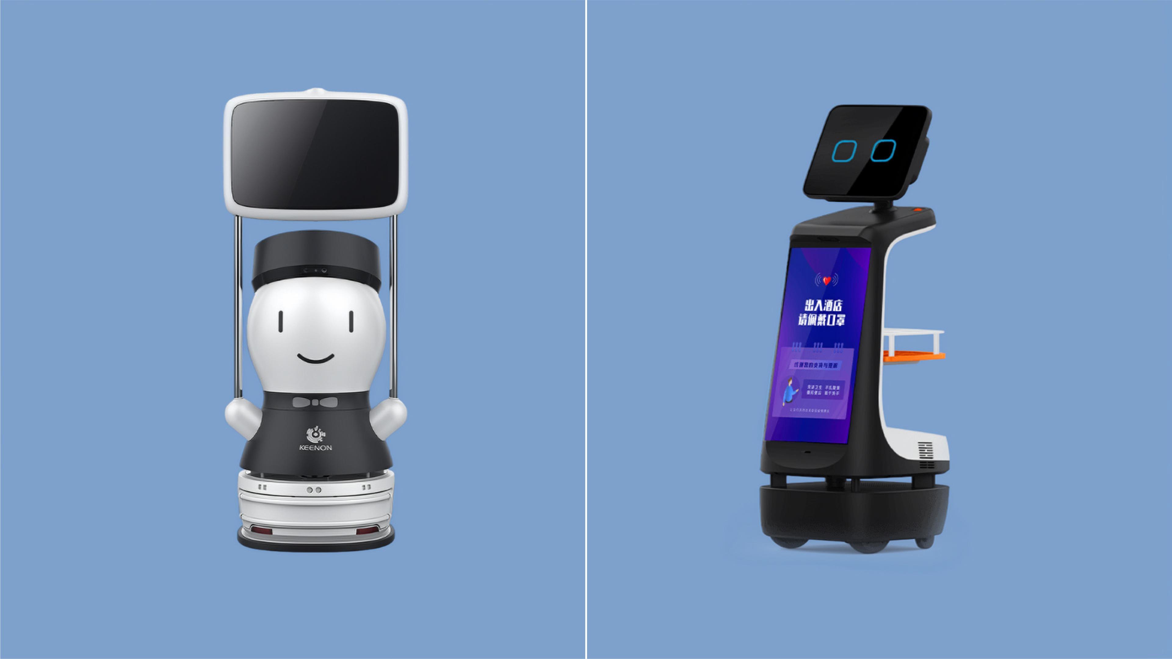 Side-by-side comparison image: on the left, KEENON's GUIDERBOT G2, a friendly white robot with a smiley face and a raised black rectangular display on twin support rods; on the right, Beijing Robint's Joy, a taller black-and-white robot with a tablet-style face screen, a large vertical advertising display on its body, and a small side tray, both set against a light blue background.