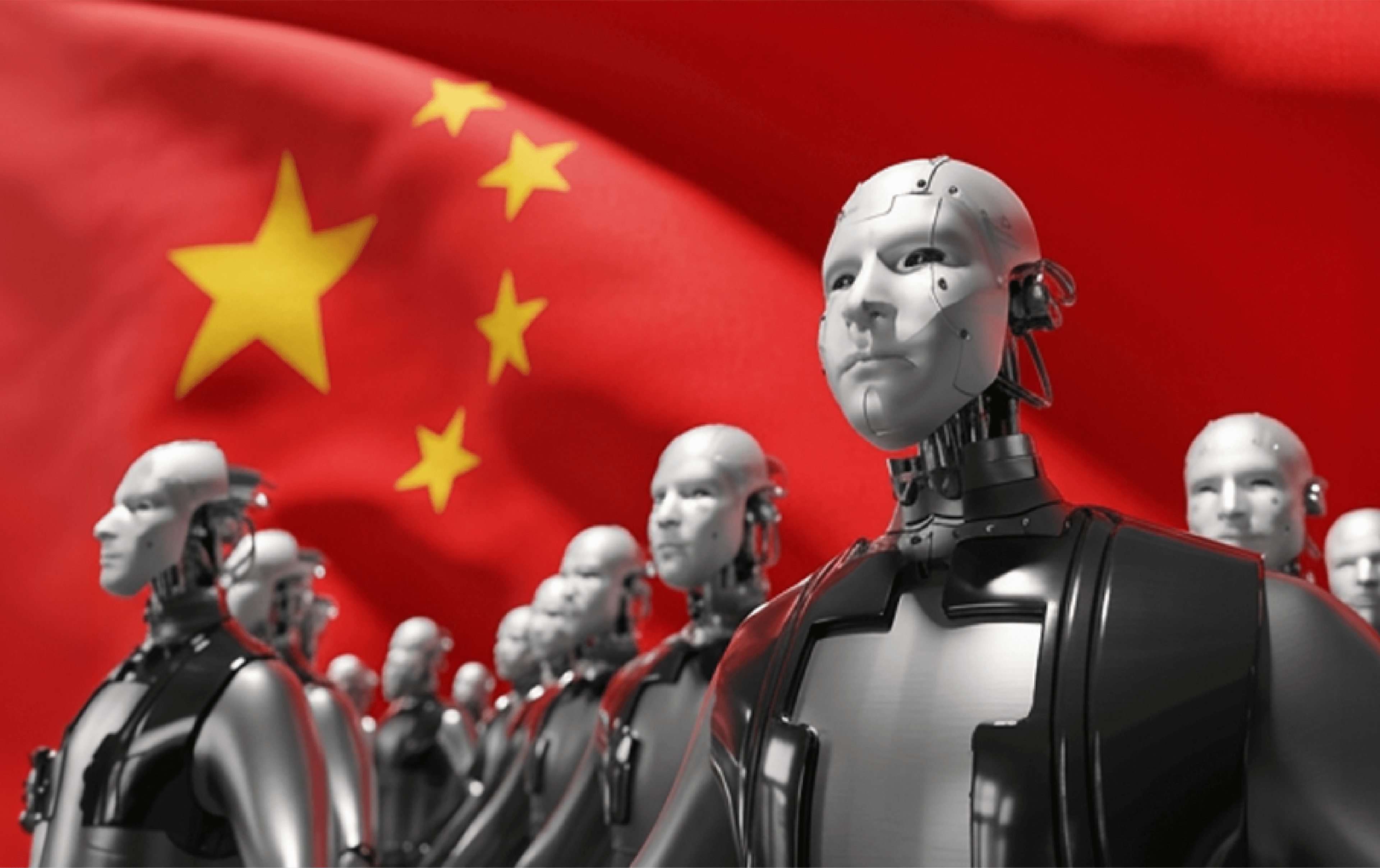 Illustration of humanoid robots standing before a large Chinese flag.