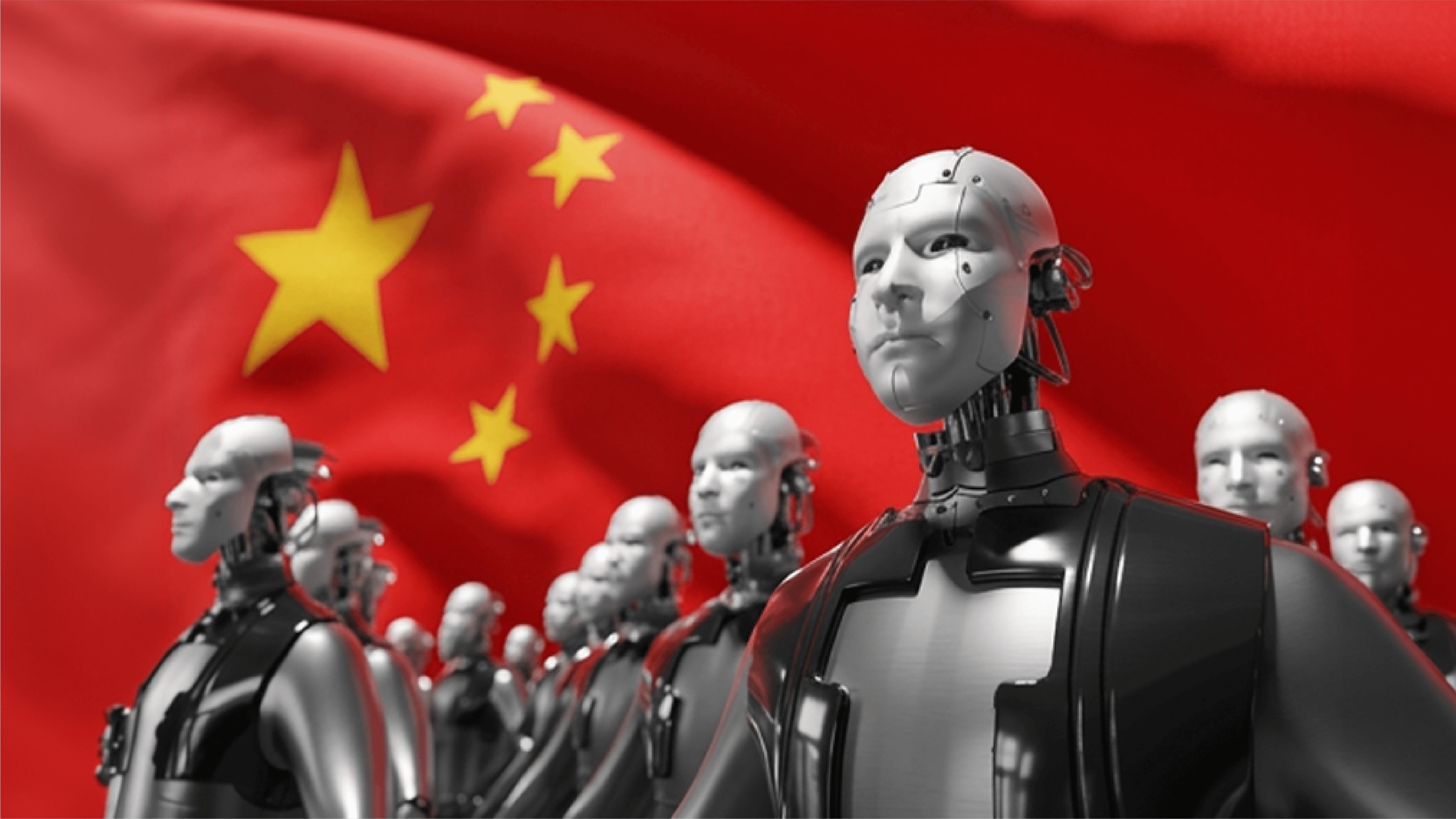 Illustration of humanoid robots standing before a large Chinese flag.