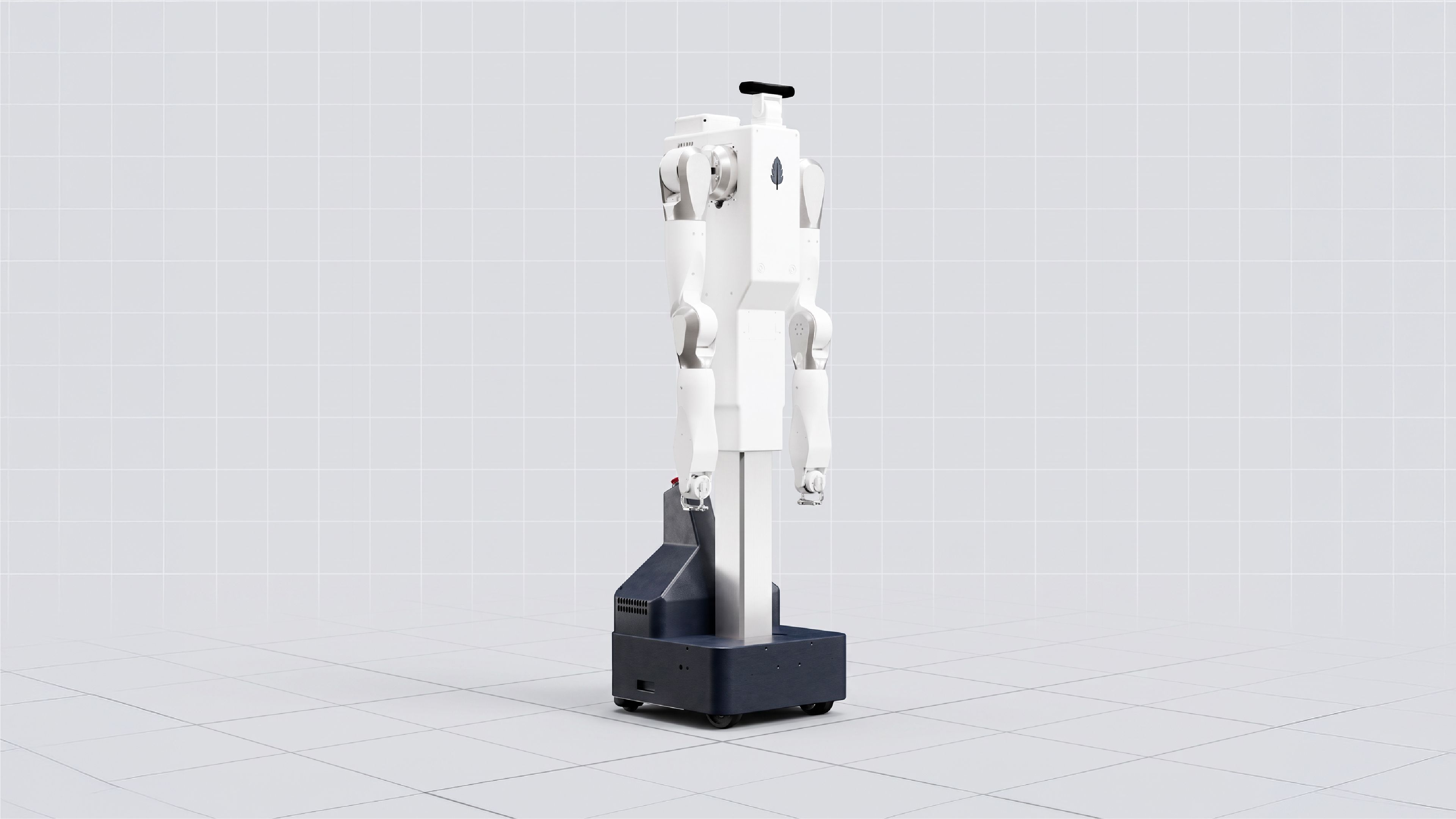 Feather’s white dual-arm robot stands on a black wheeled base against a light gray grid-patterned background.