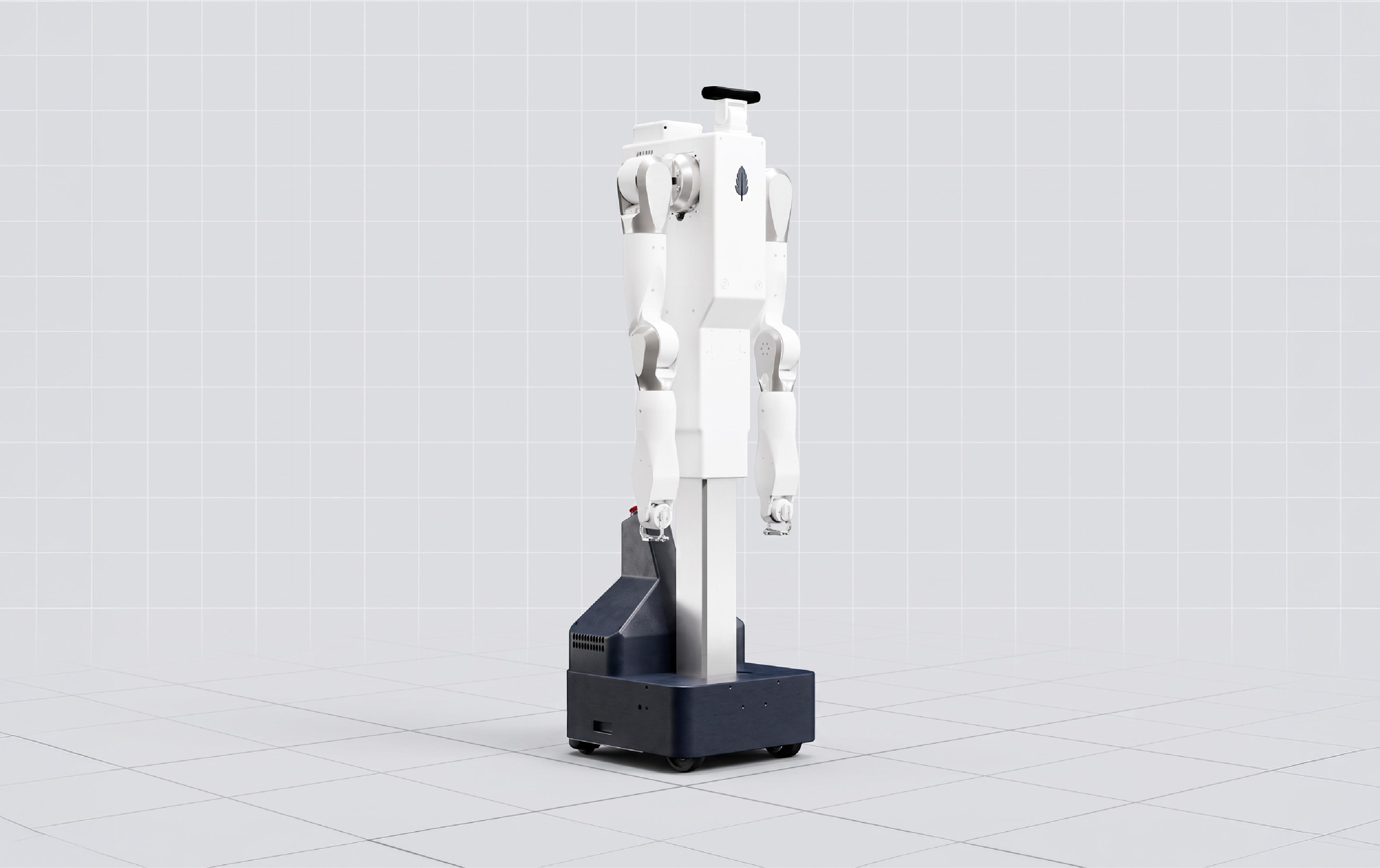 Feather’s white dual-arm robot stands on a black wheeled base against a light gray grid-patterned background.