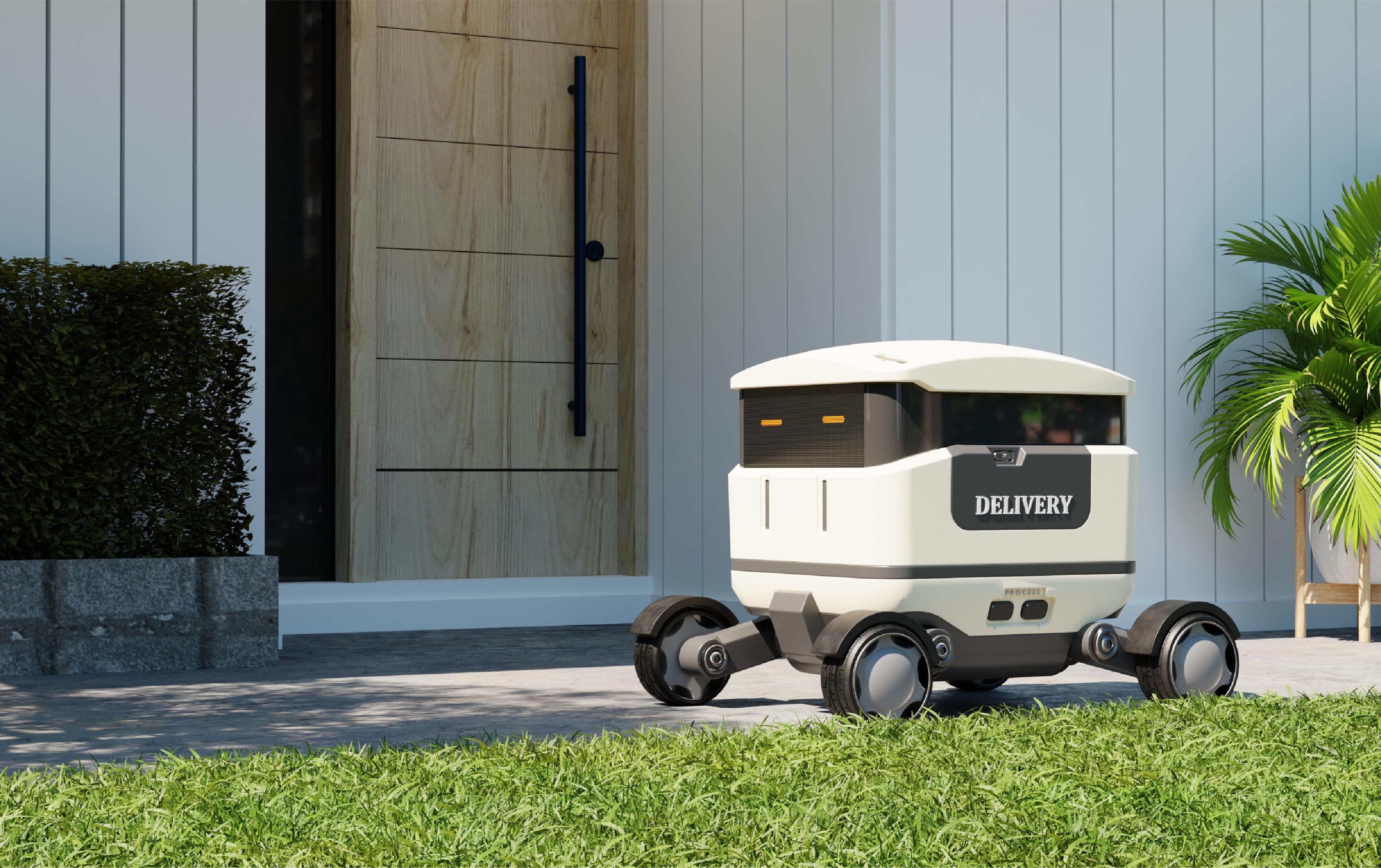 A small autonomous delivery robot on wheels waits outside a modern home entrance, with the word “DELIVERY” printed on its side.