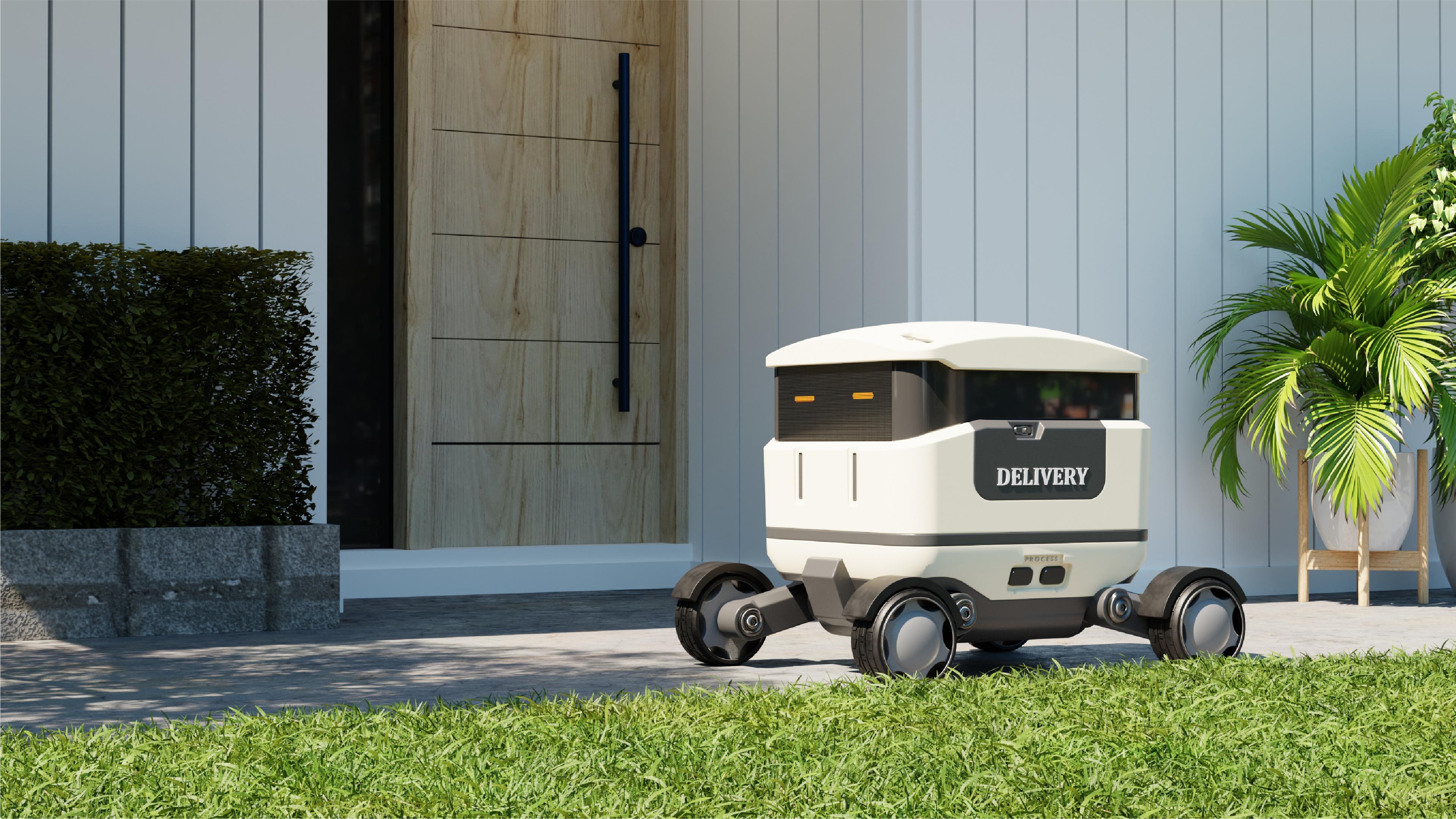 A small autonomous delivery robot on wheels waits outside a modern home entrance, with the word “DELIVERY” printed on its side.