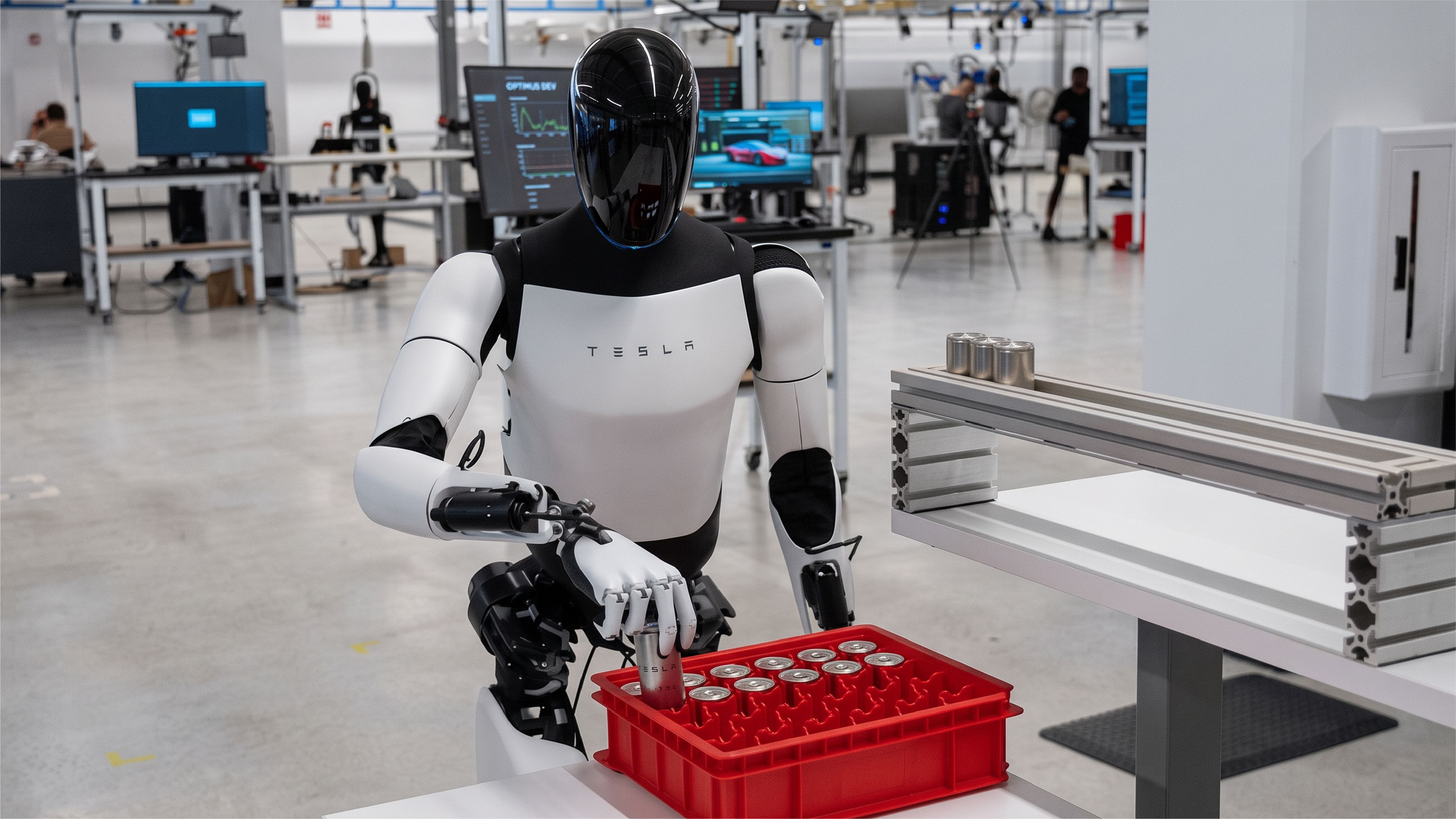 A Tesla humanoid robot picks up a metal cylinder from a red tray inside a robotics lab, with workstations and equipment visible in the background.