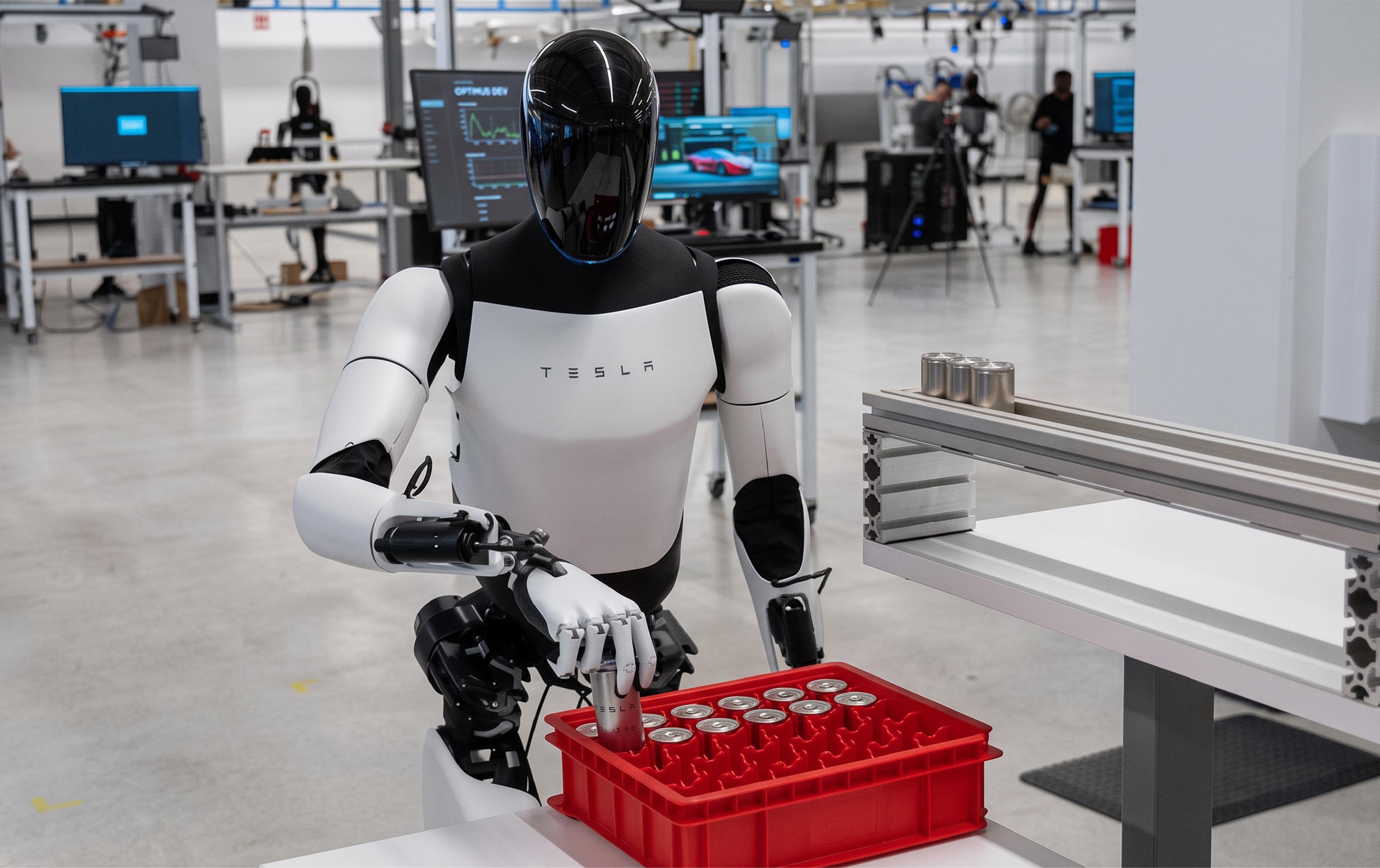 A Tesla humanoid robot picks up a metal cylinder from a red tray inside a robotics lab, with workstations and equipment visible in the background.