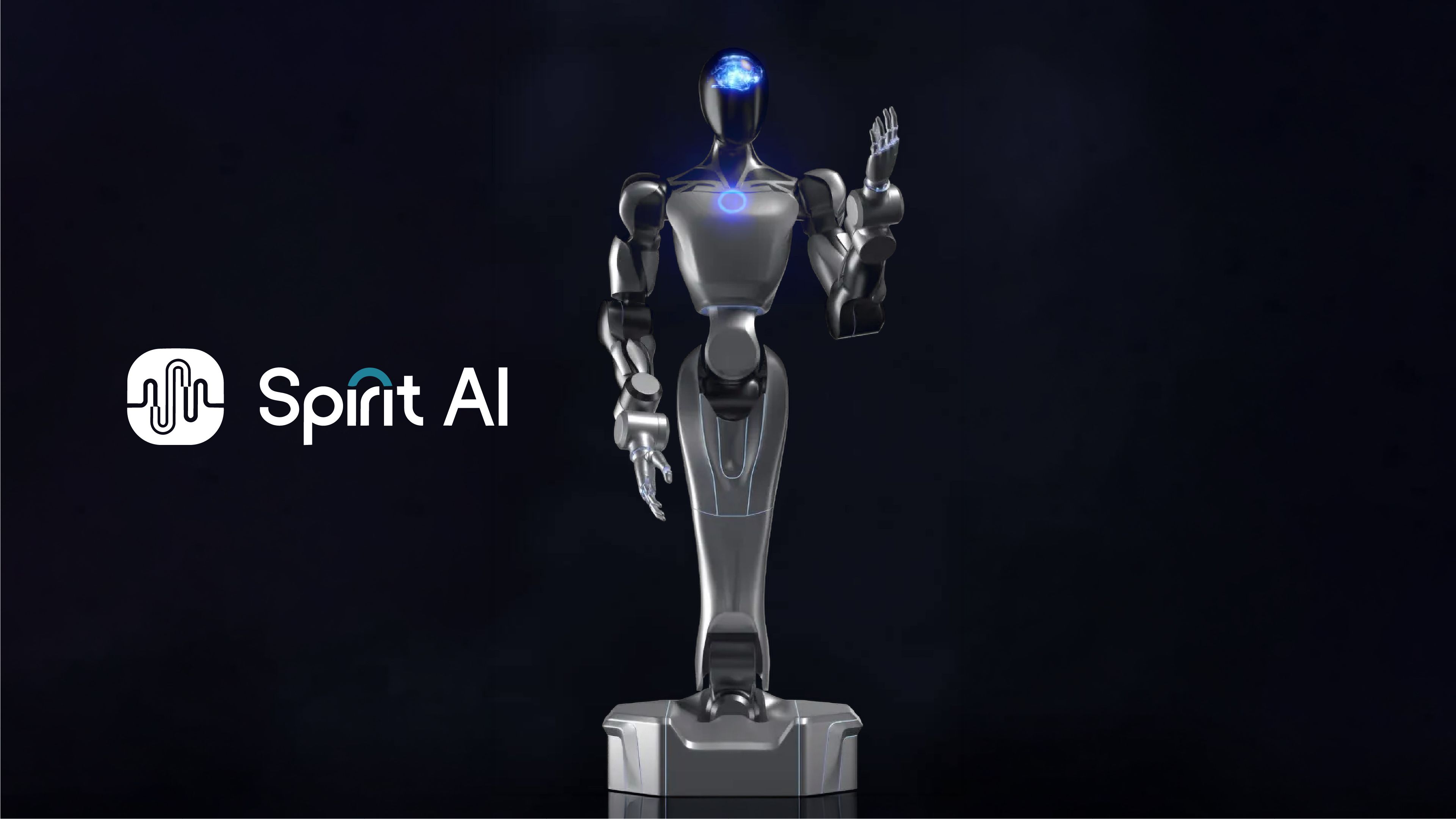 Spirit AI humanoid robot with a metallic gray body and blue illuminated accents, raising one hand against a dark background beneath the Spirit AI logo.