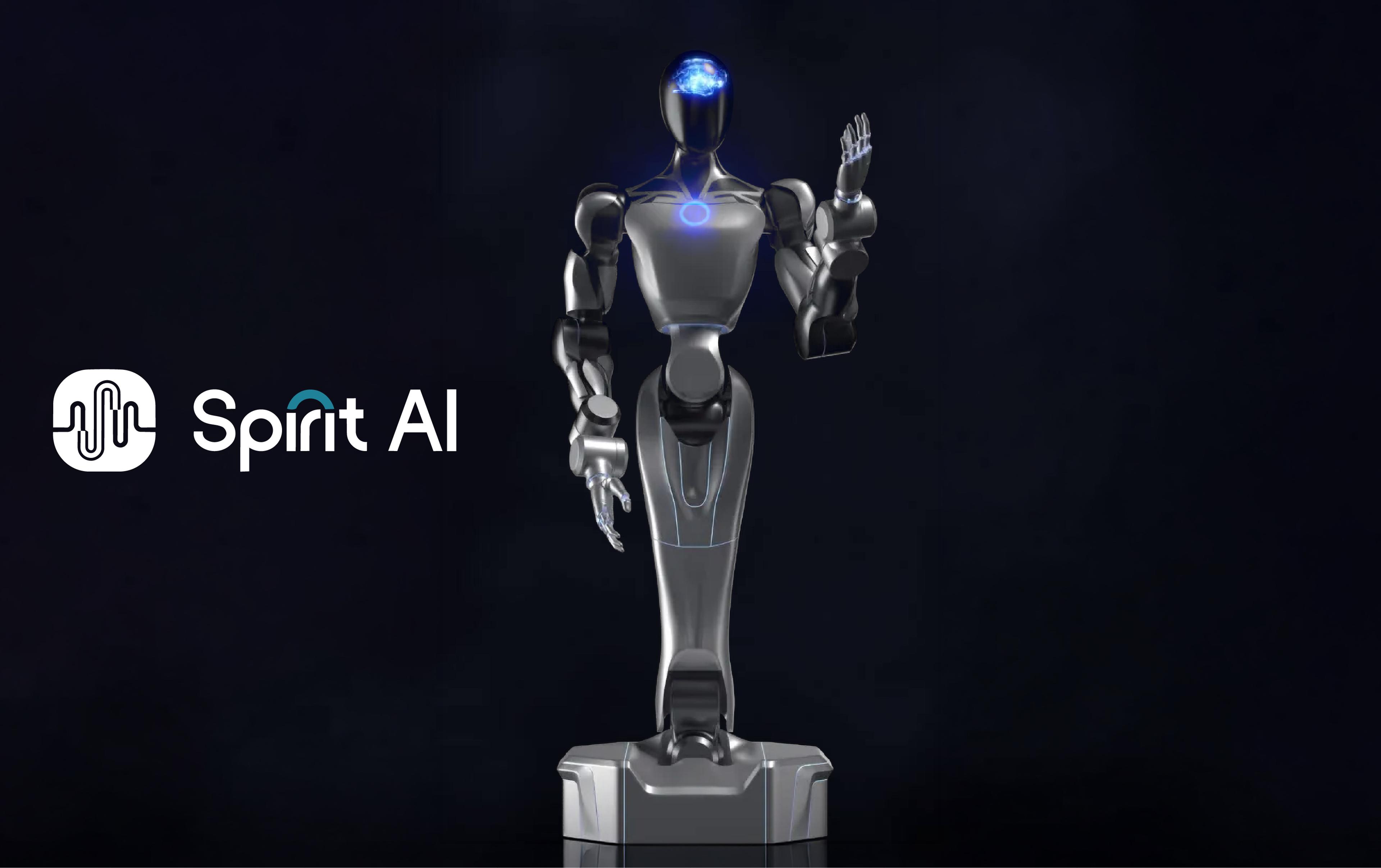 Spirit AI humanoid robot with a metallic gray body and blue illuminated accents, raising one hand against a dark background beneath the Spirit AI logo.