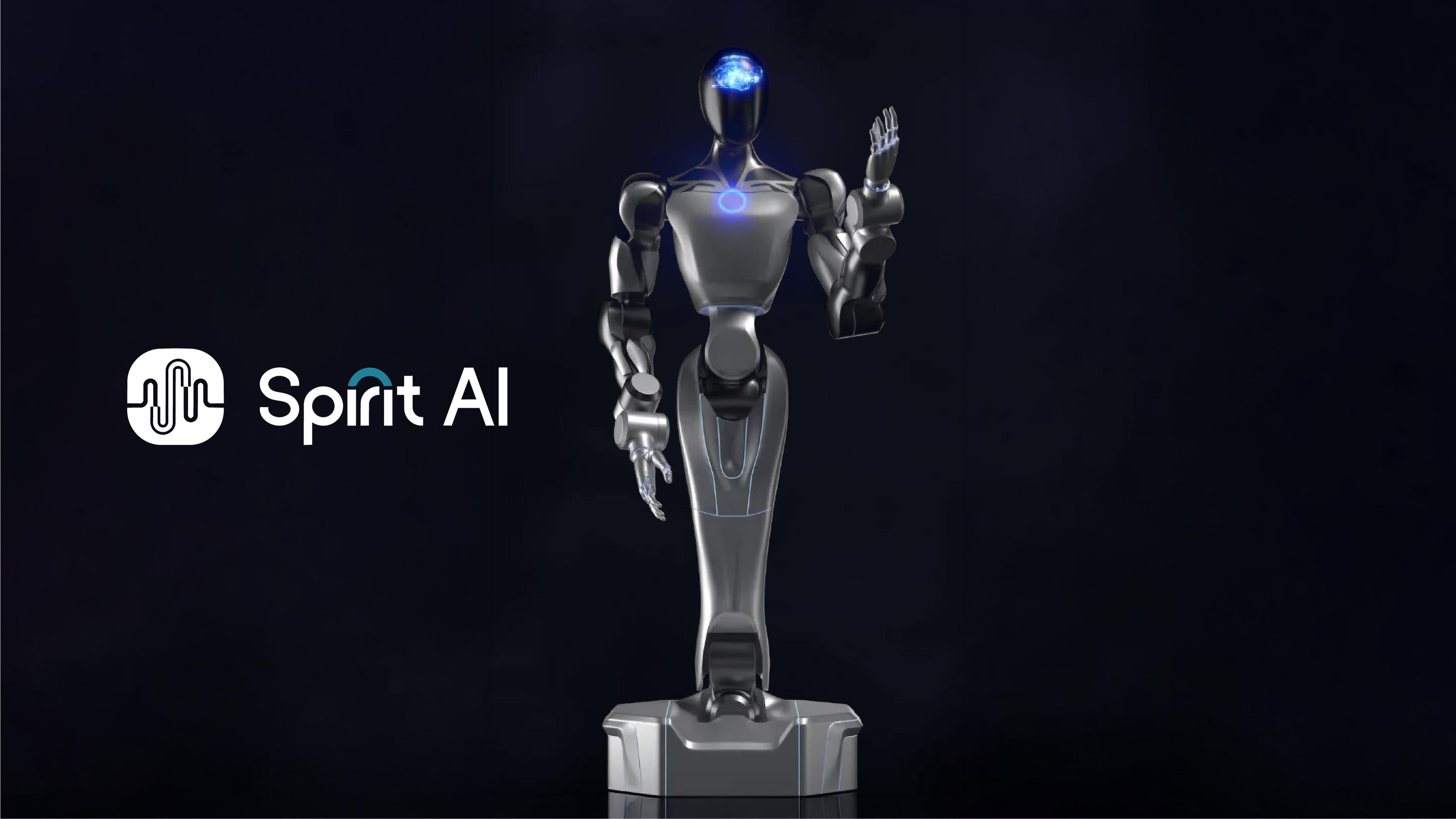 Spirit AI humanoid robot with a metallic gray body and blue illuminated accents, raising one hand against a dark background beneath the Spirit AI logo.