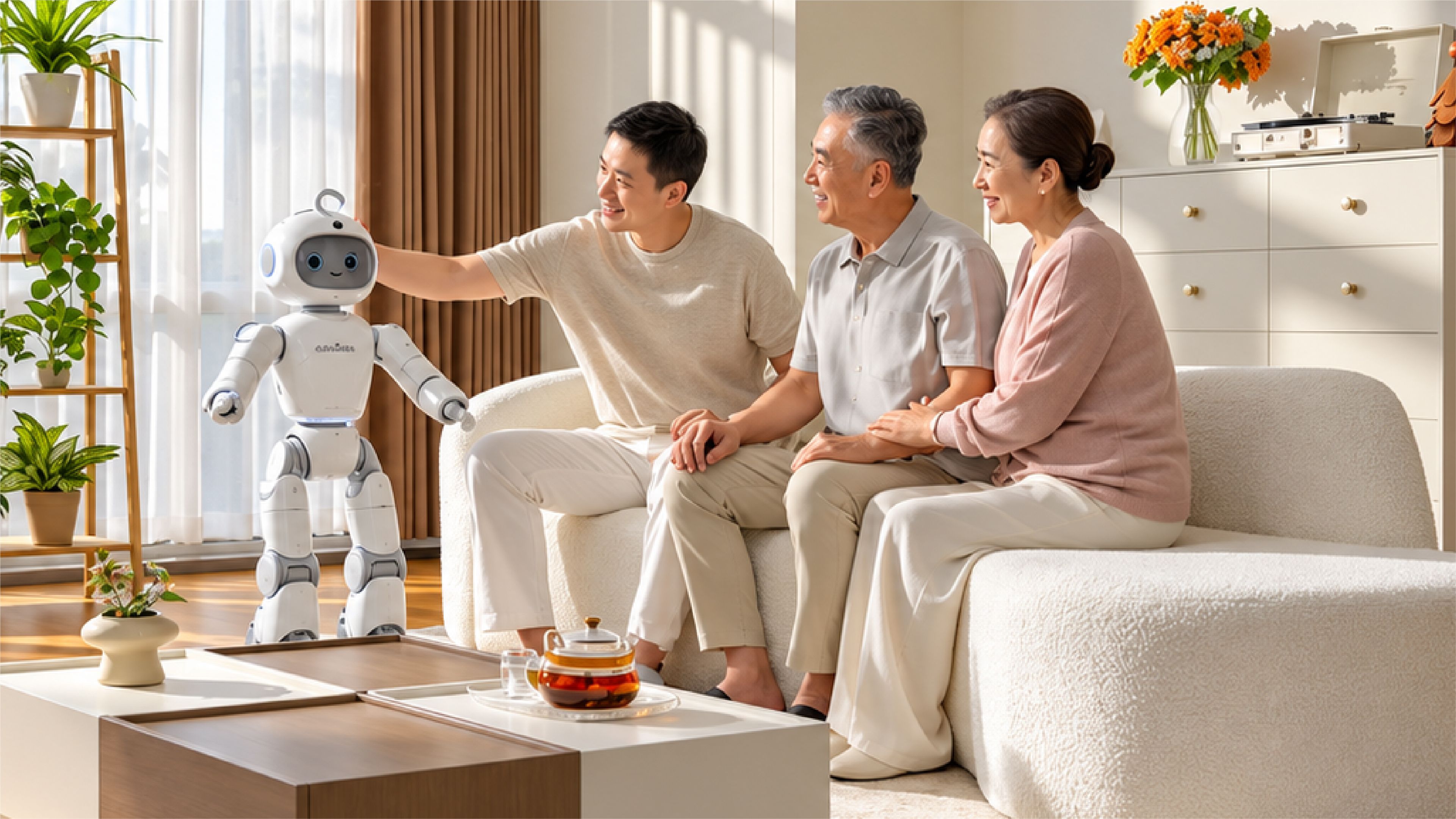 AiMOGA’s Mobo humanoid companion robot stands beside a family of three, interacting with it in a living room.