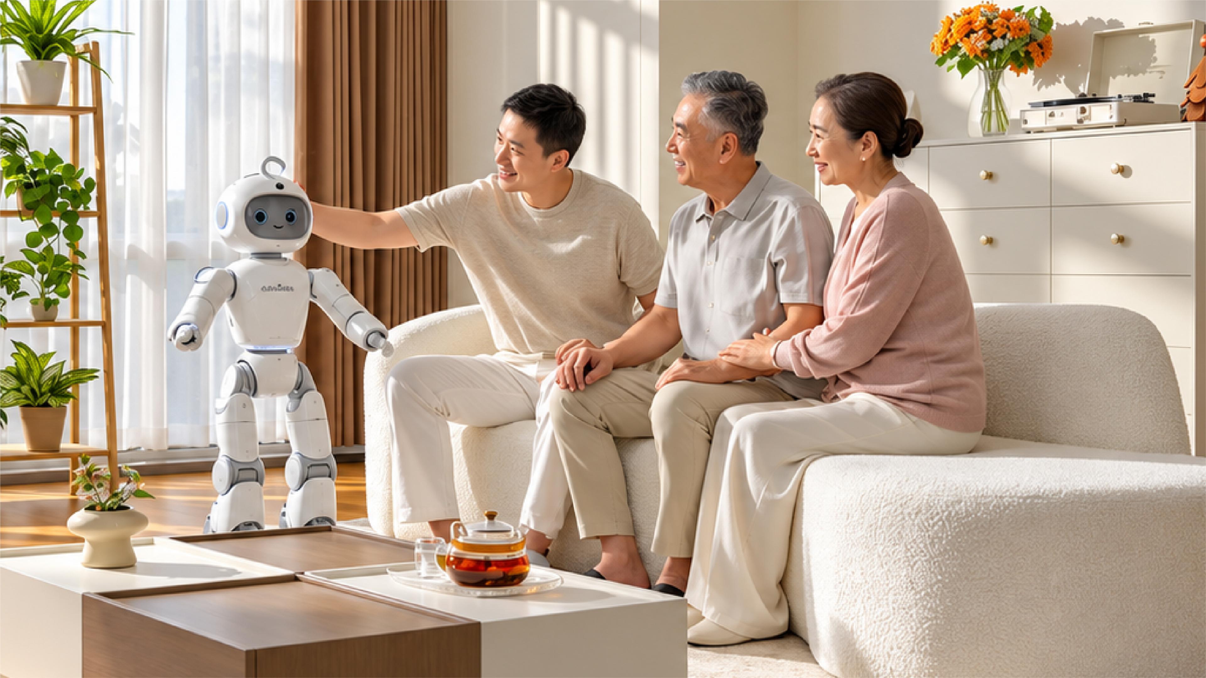 AiMOGA’s Mobo humanoid companion robot stands beside a family of three, interacting with it in a living room.