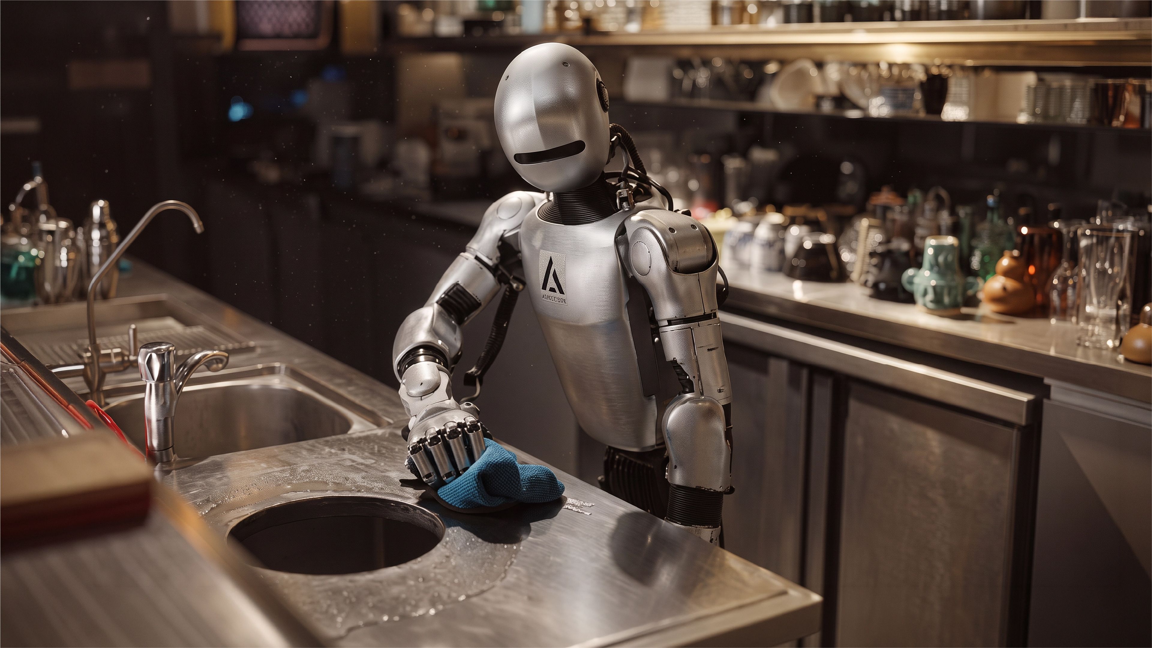 An Archon Robotics humanoid robot uses a blue cloth to wipe a stainless steel countertop in a kitchen setting.