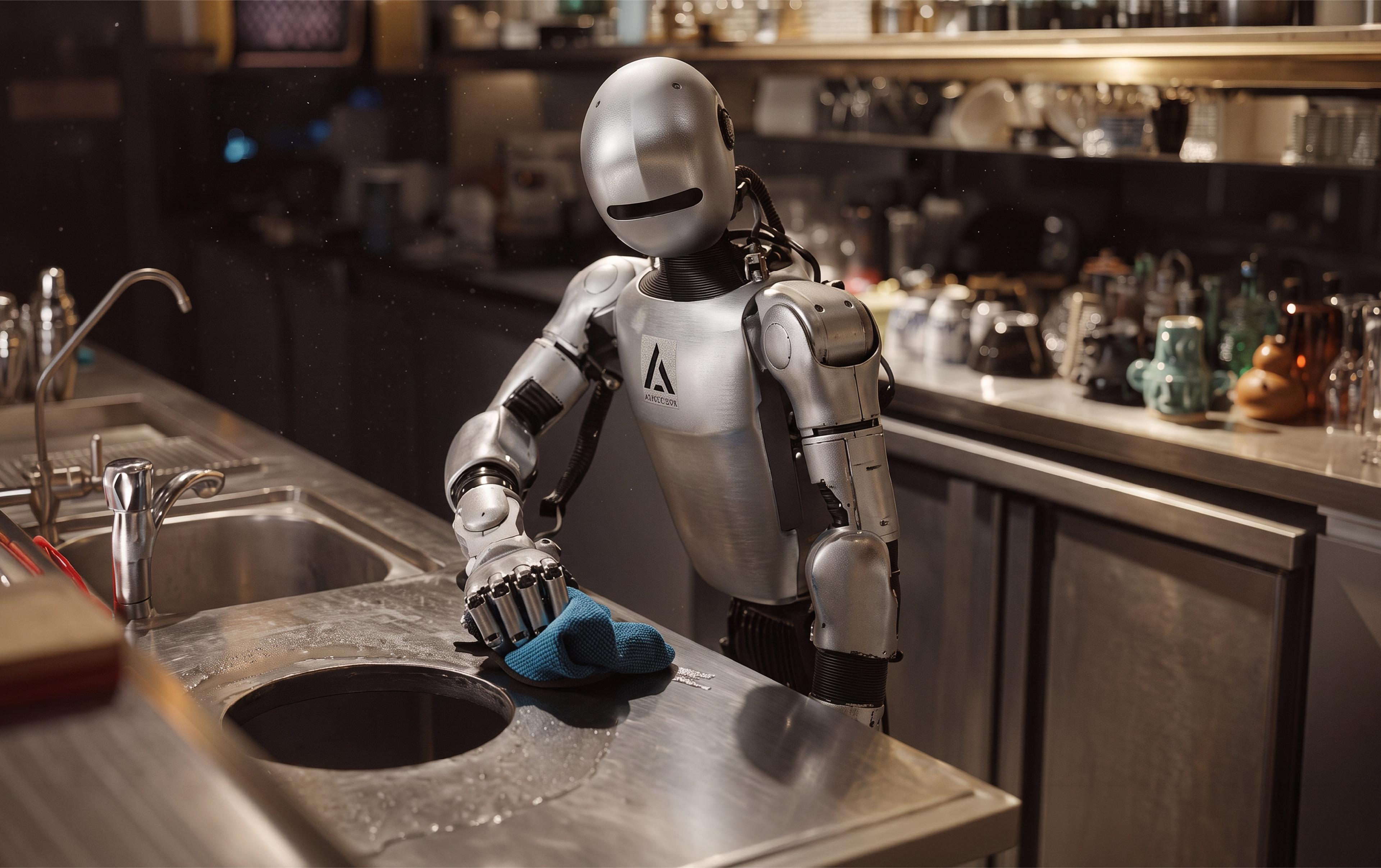 An Archon Robotics humanoid robot uses a blue cloth to wipe a stainless steel countertop in a kitchen setting.