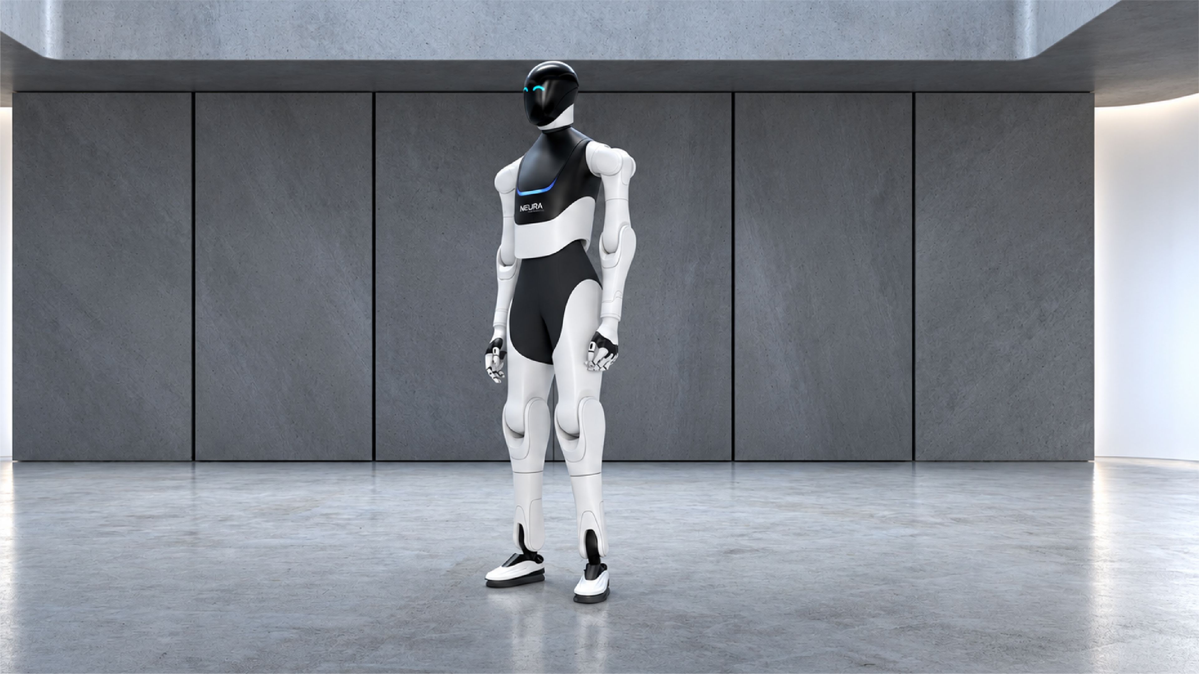 NEURA Robotics’ white-and-black 4NE1 humanoid robot stands in a modern industrial space.