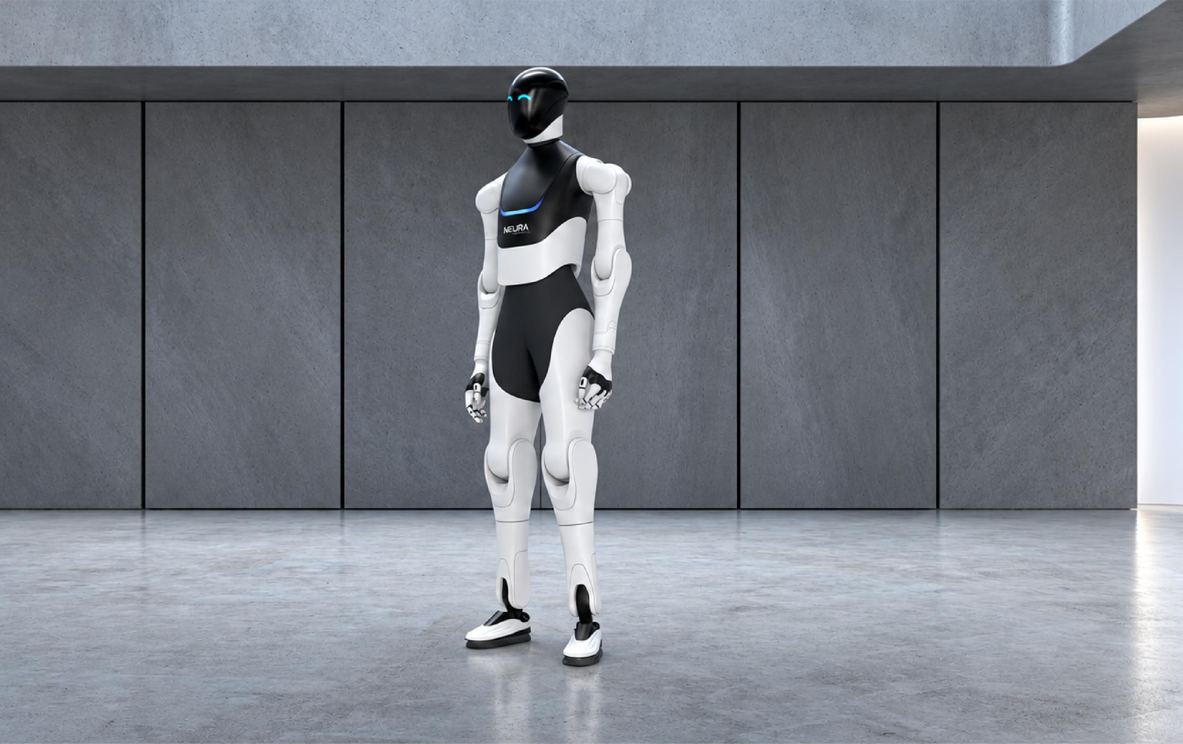 NEURA Robotics’ white-and-black 4NE1 humanoid robot stands in a modern industrial space.