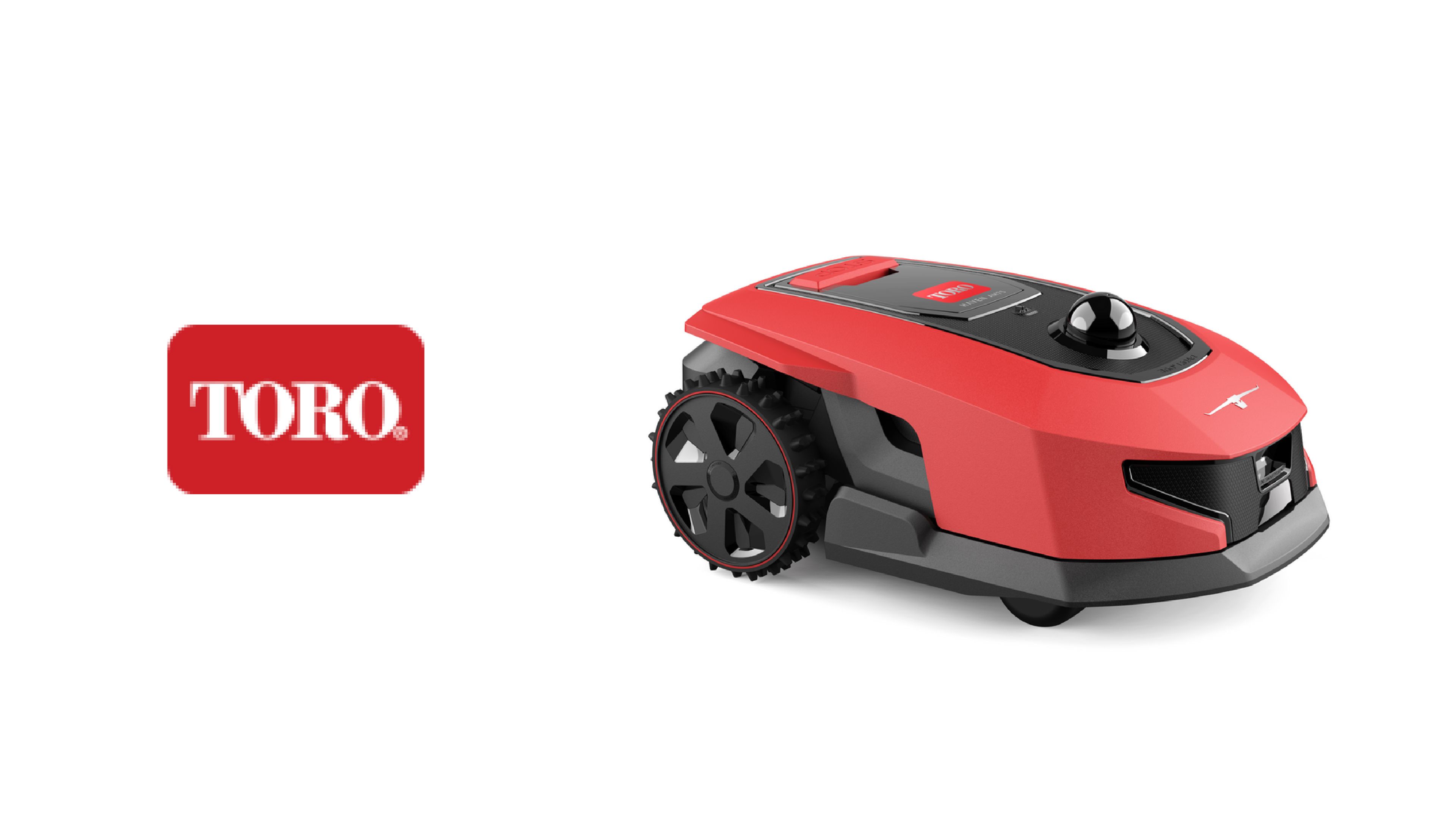 Toro's red and black HAVEN AM75 autonomous robotic lawn mower, shown beside the Toro logo on a white background.