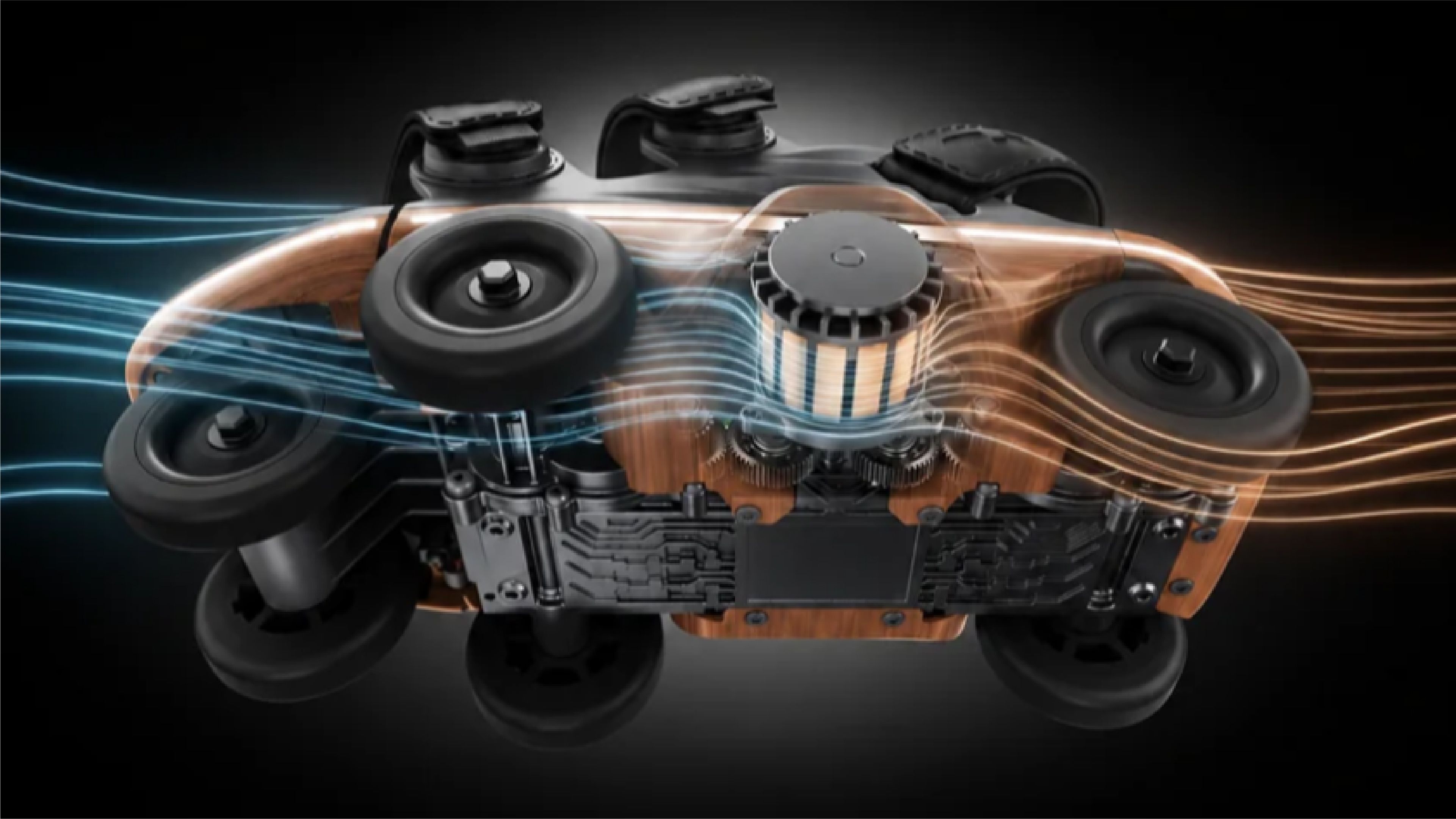 Cutaway rendering of Shift Robotics Moonwalkers robotic footwear showing its wheels, motor and internal components.