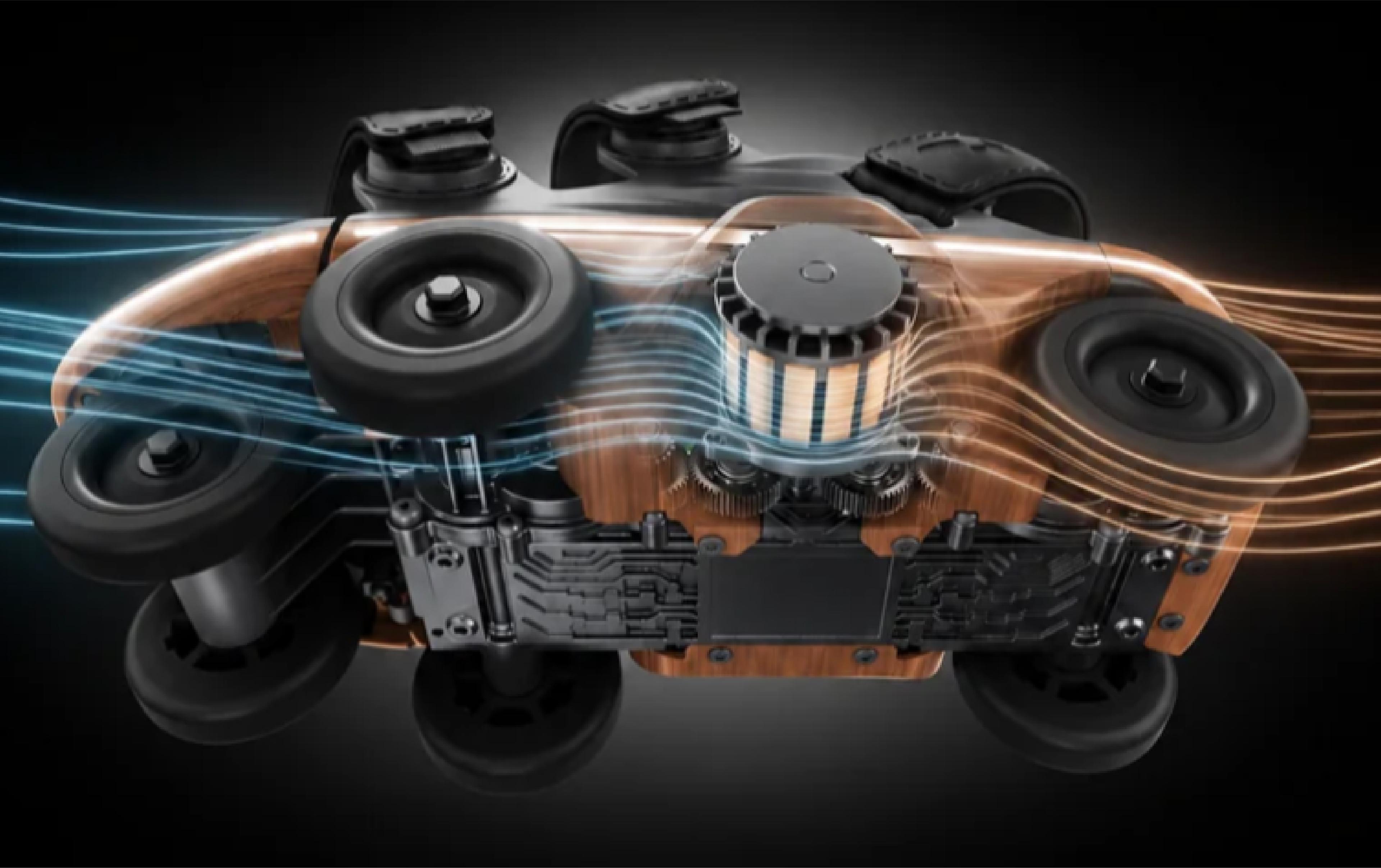 Cutaway rendering of Shift Robotics Moonwalkers robotic footwear showing its wheels, motor and internal components.