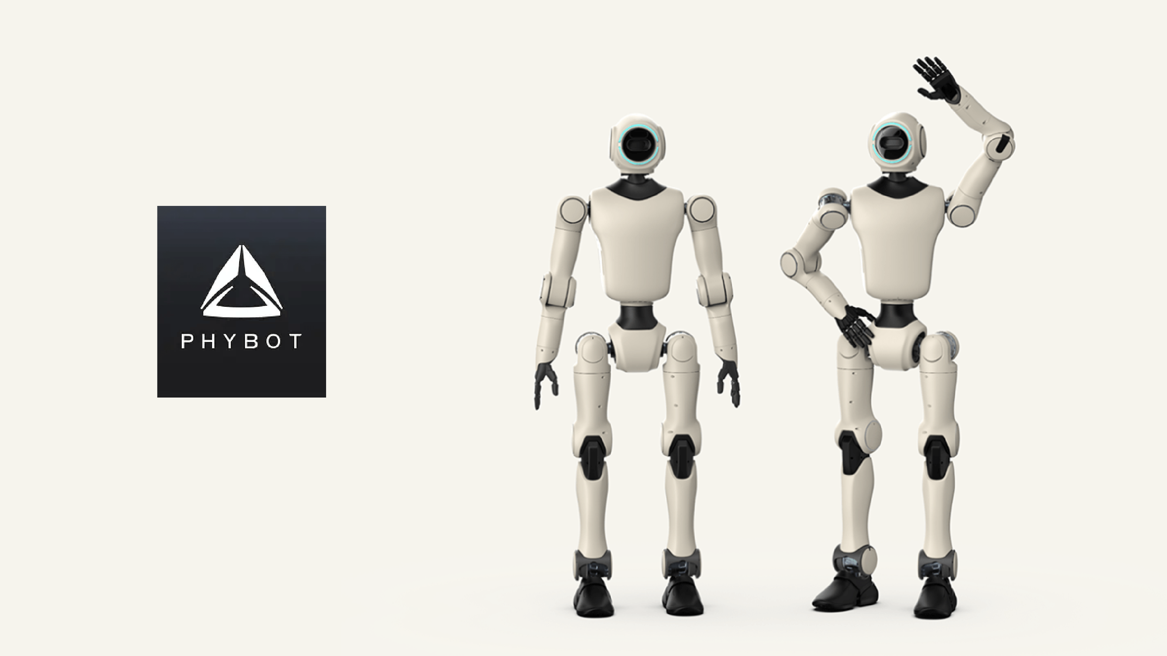 PHYBOT logo alongside two white humanoid robots, one standing upright and the other raising its arm in a waving gesture.