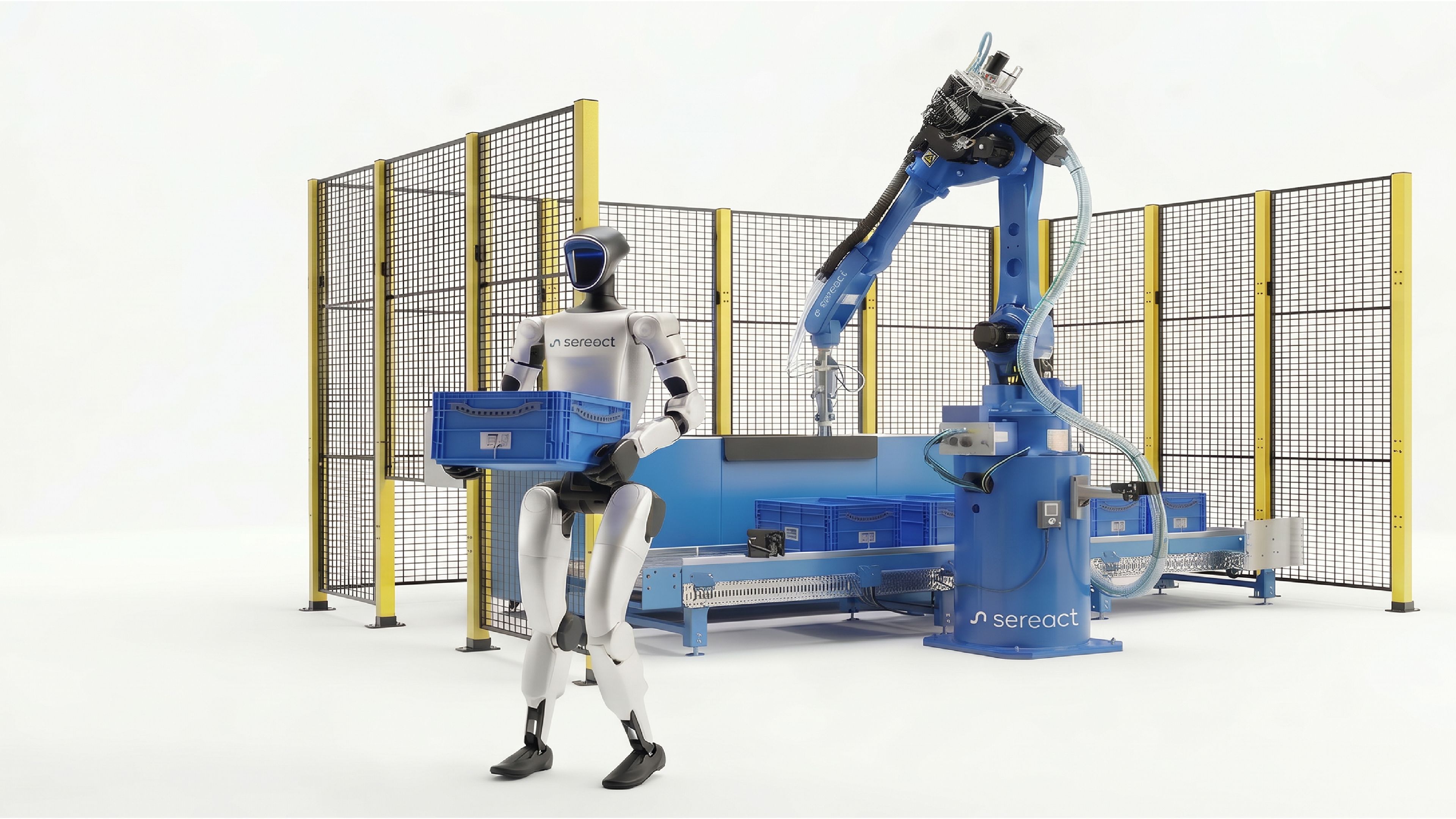 Sereact-branded humanoid robot holds a blue storage bin beside an industrial robotic arm and conveyor system in a cell.