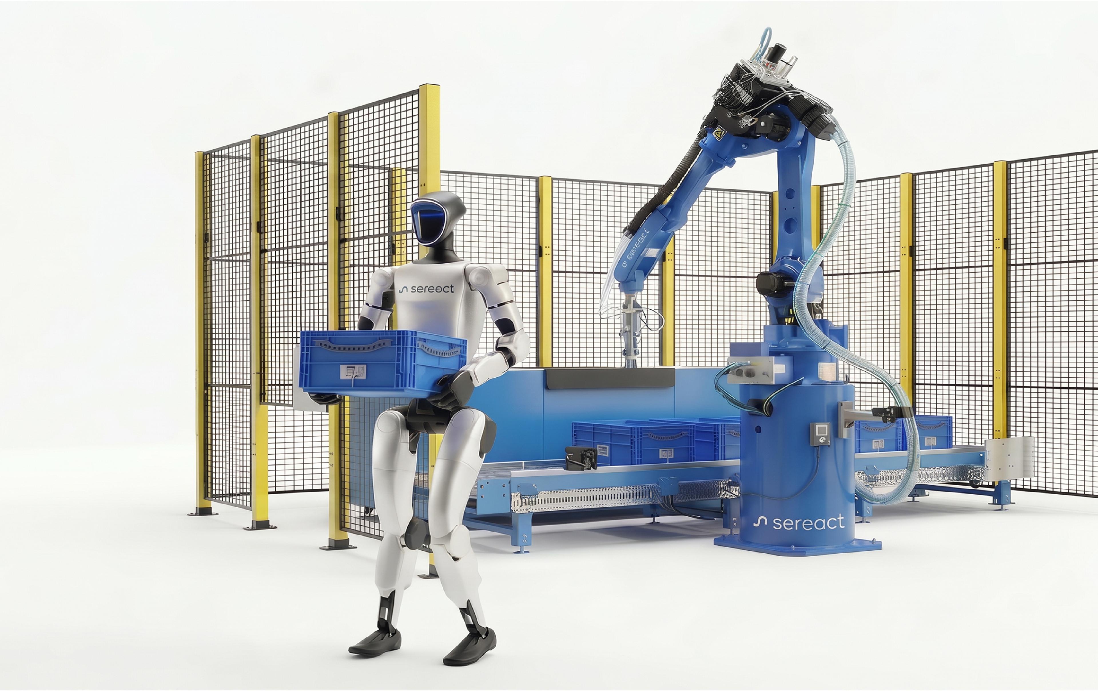 Sereact-branded humanoid robot holds a blue storage bin beside an industrial robotic arm and conveyor system in a cell.