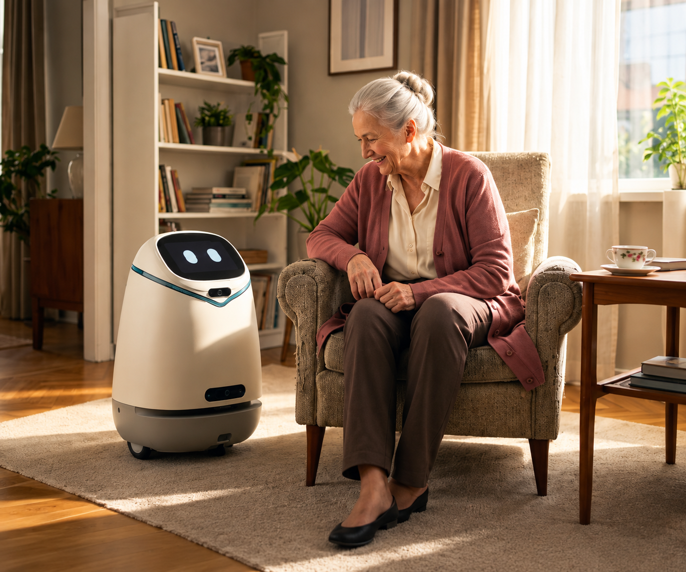 An older woman smiles at a small white companion robot beside her armchair in a warmly lit living room.