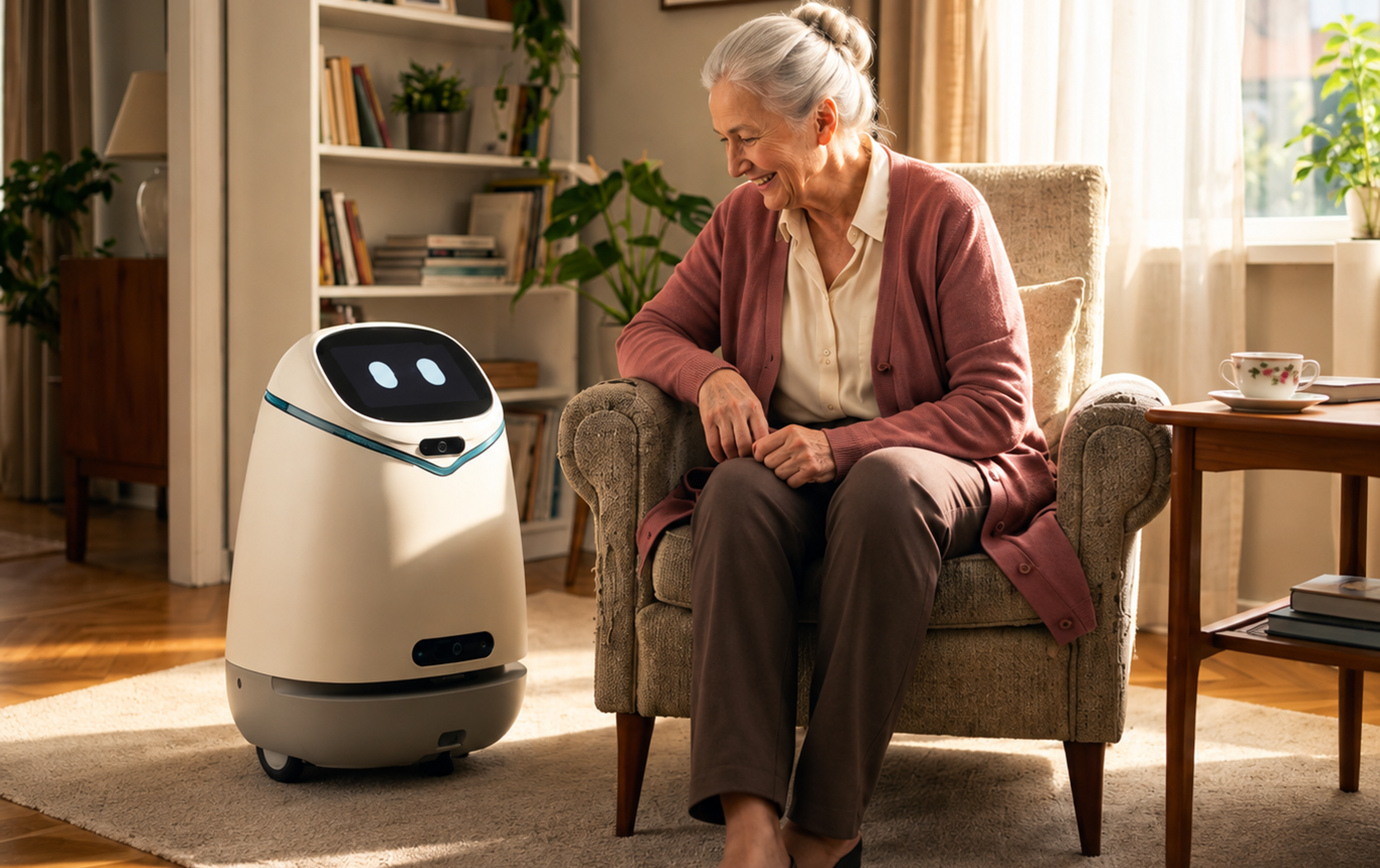 An older woman smiles at a small white companion robot beside her armchair in a warmly lit living room.