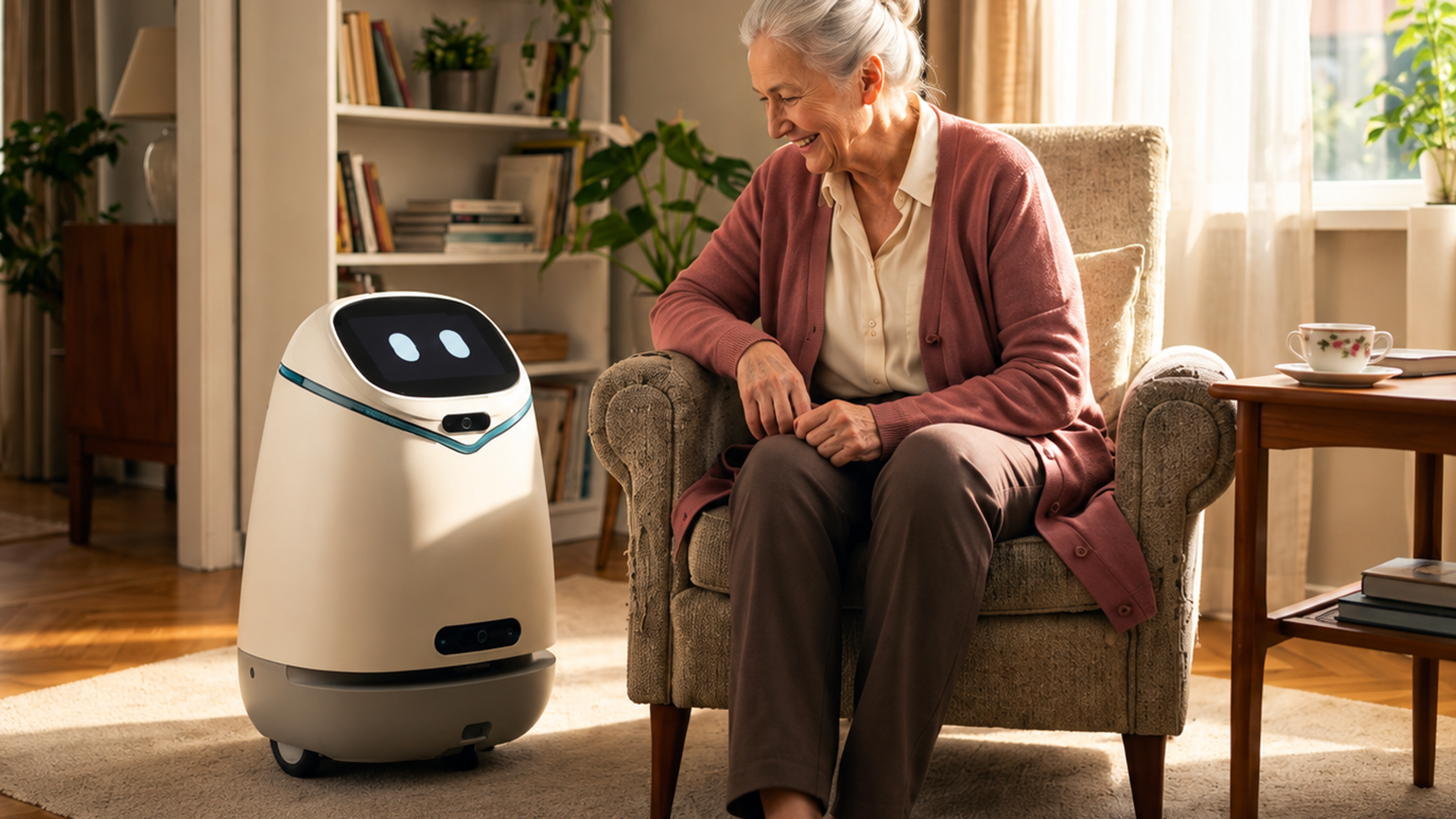 An older woman smiles at a small white companion robot beside her armchair in a warmly lit living room.