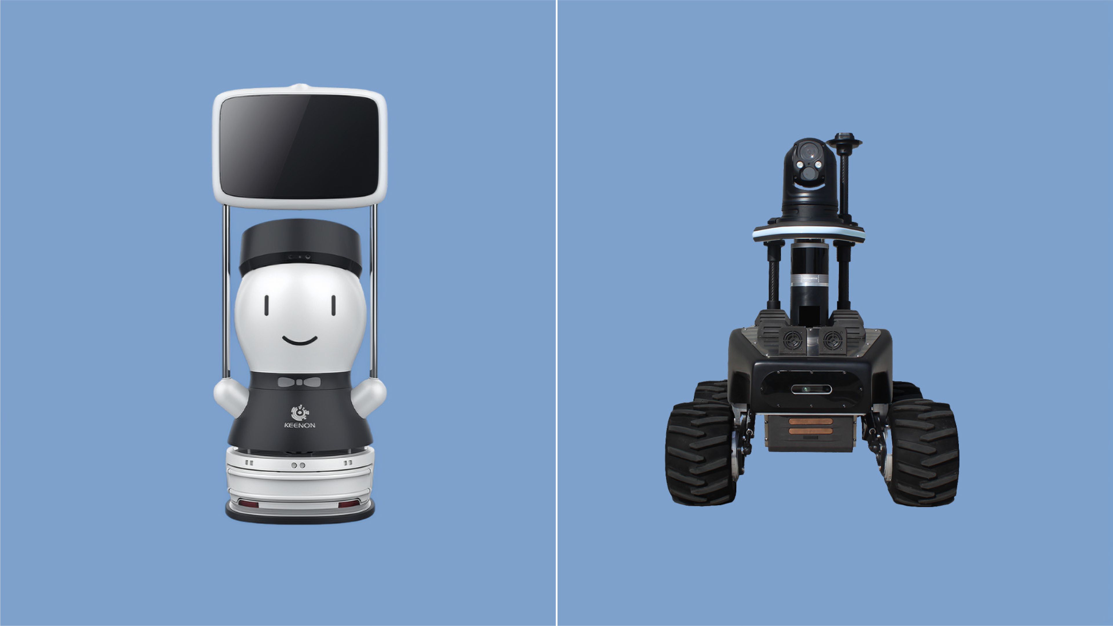 Side-by-side comparison image: on the left, KEENON's GUIDERBOT G2, a friendly white robot with a smiley face and a raised black rectangular display on twin support rods; on the right, Robotnik's RB-WATCHER, a rugged black four-wheeled outdoor robot with large treaded tires, an elevated PTZ camera, and mast-mounted sensors, both set against a light blue background.