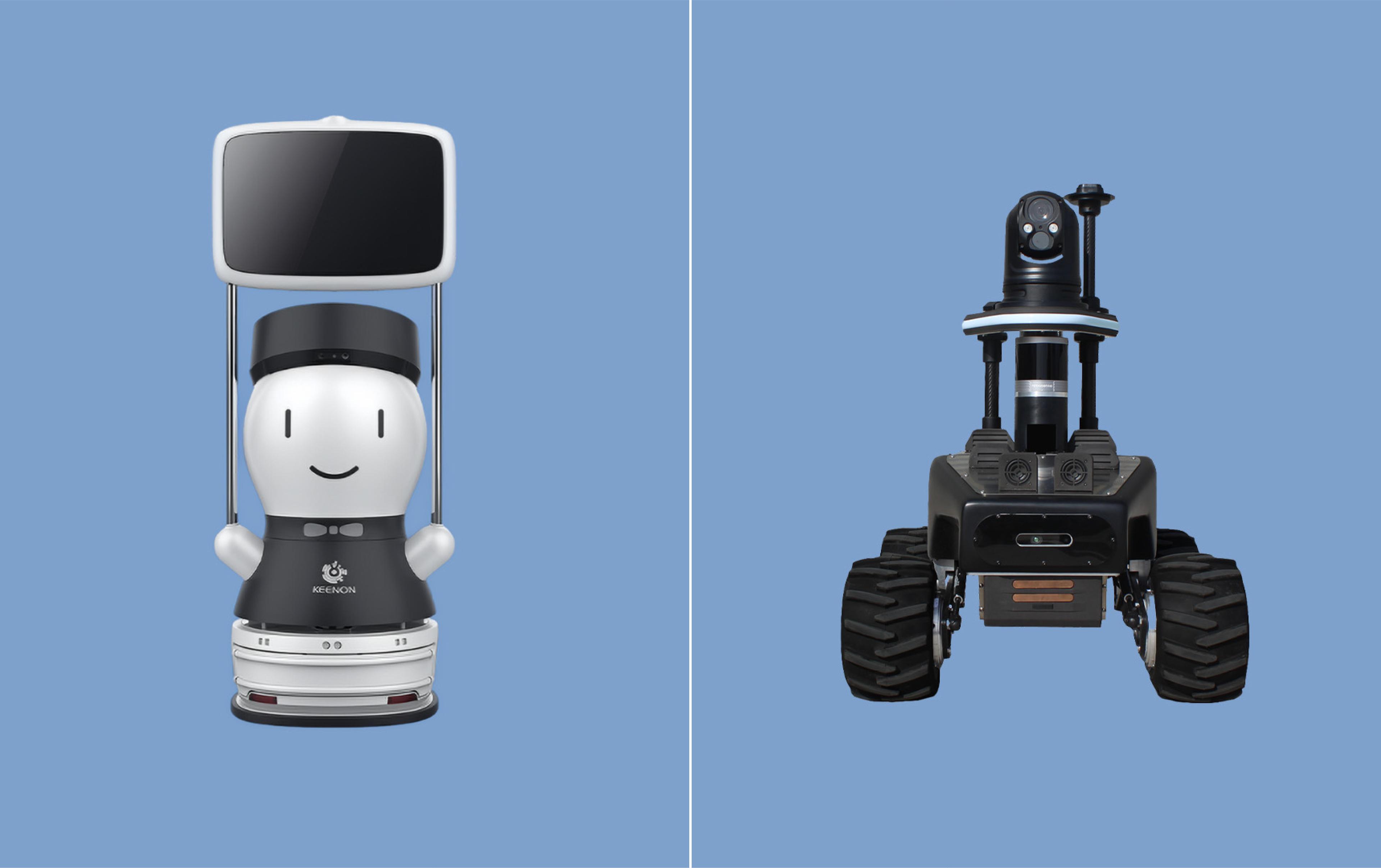 Side-by-side comparison image: on the left, KEENON's GUIDERBOT G2, a friendly white robot with a smiley face and a raised black rectangular display on twin support rods; on the right, Robotnik's RB-WATCHER, a rugged black four-wheeled outdoor robot with large treaded tires, an elevated PTZ camera, and mast-mounted sensors, both set against a light blue background.