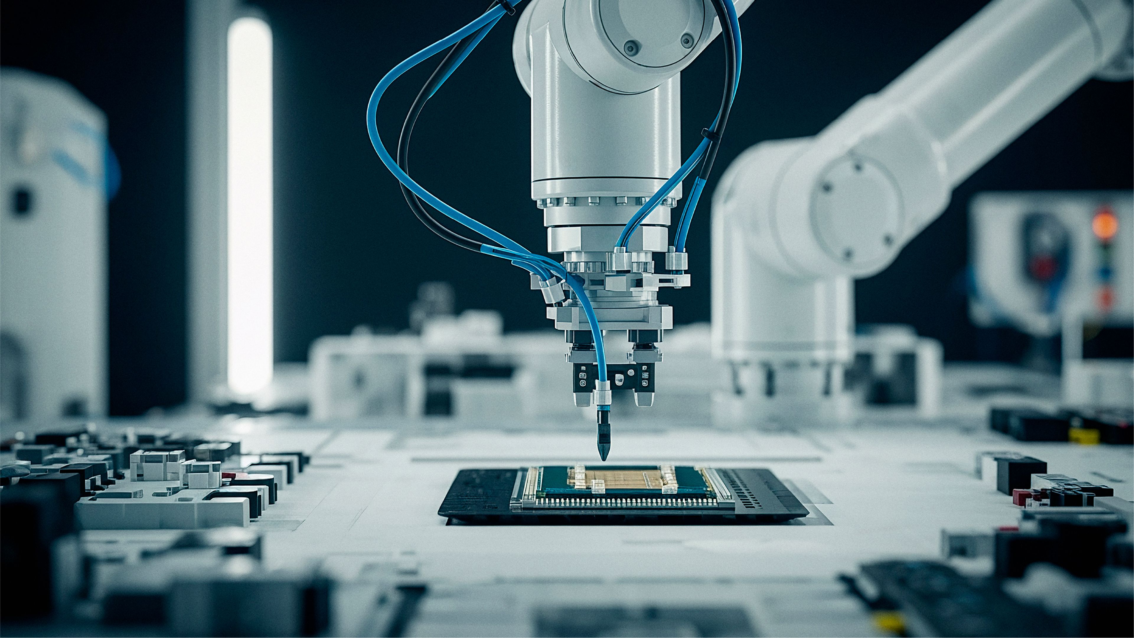 A close-up view of a white robotic arm with blue and black cables positioning its tool tip precisely above a semiconductor chip on a circuit board in an electronics assembly facility. Additional robotic arms and equipment are visible blurred in the background of the dark, tech-focused workspace.