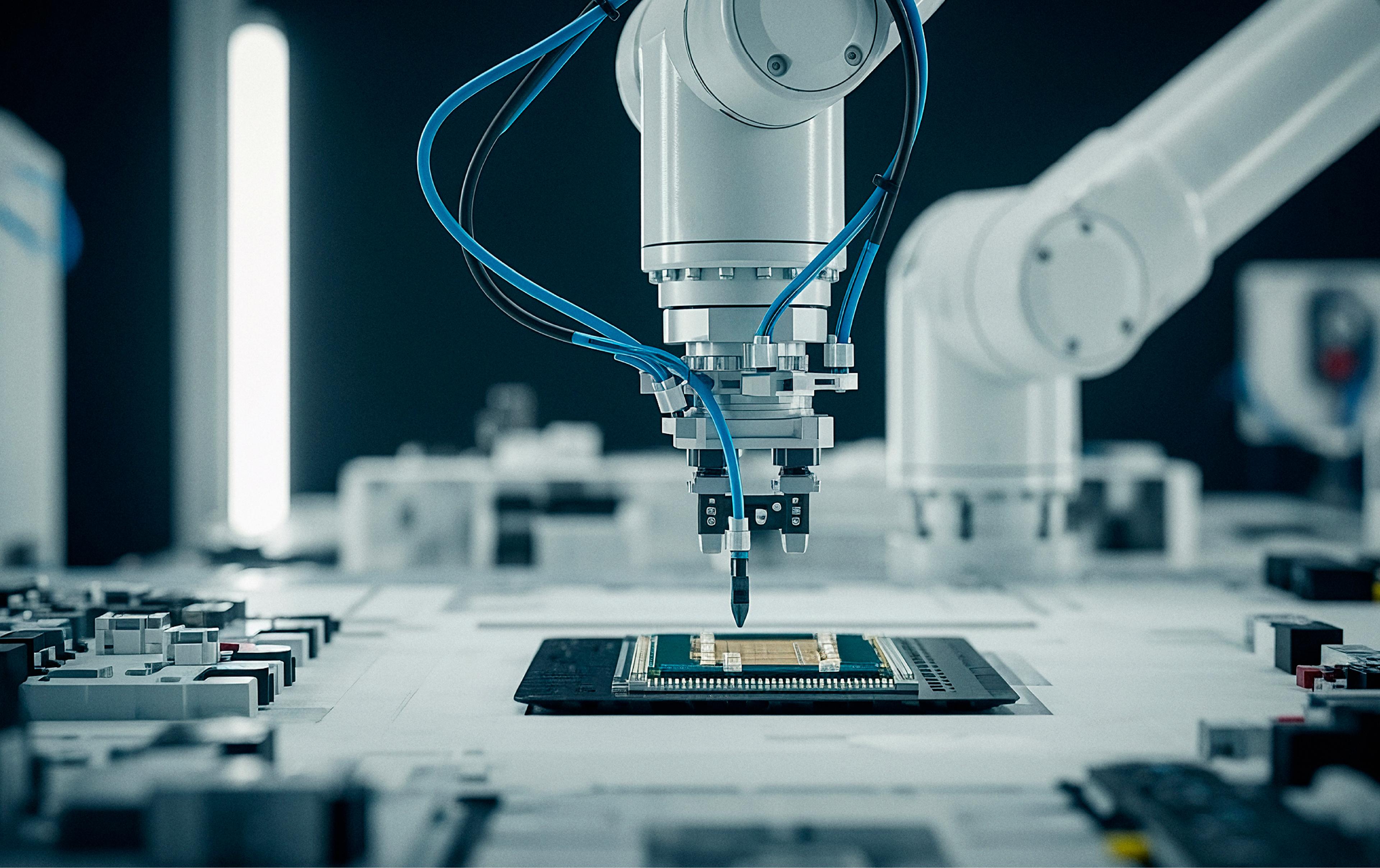 A close-up view of a white robotic arm with blue and black cables positioning its tool tip precisely above a semiconductor chip on a circuit board in an electronics assembly facility. Additional robotic arms and equipment are visible blurred in the background of the dark, tech-focused workspace.