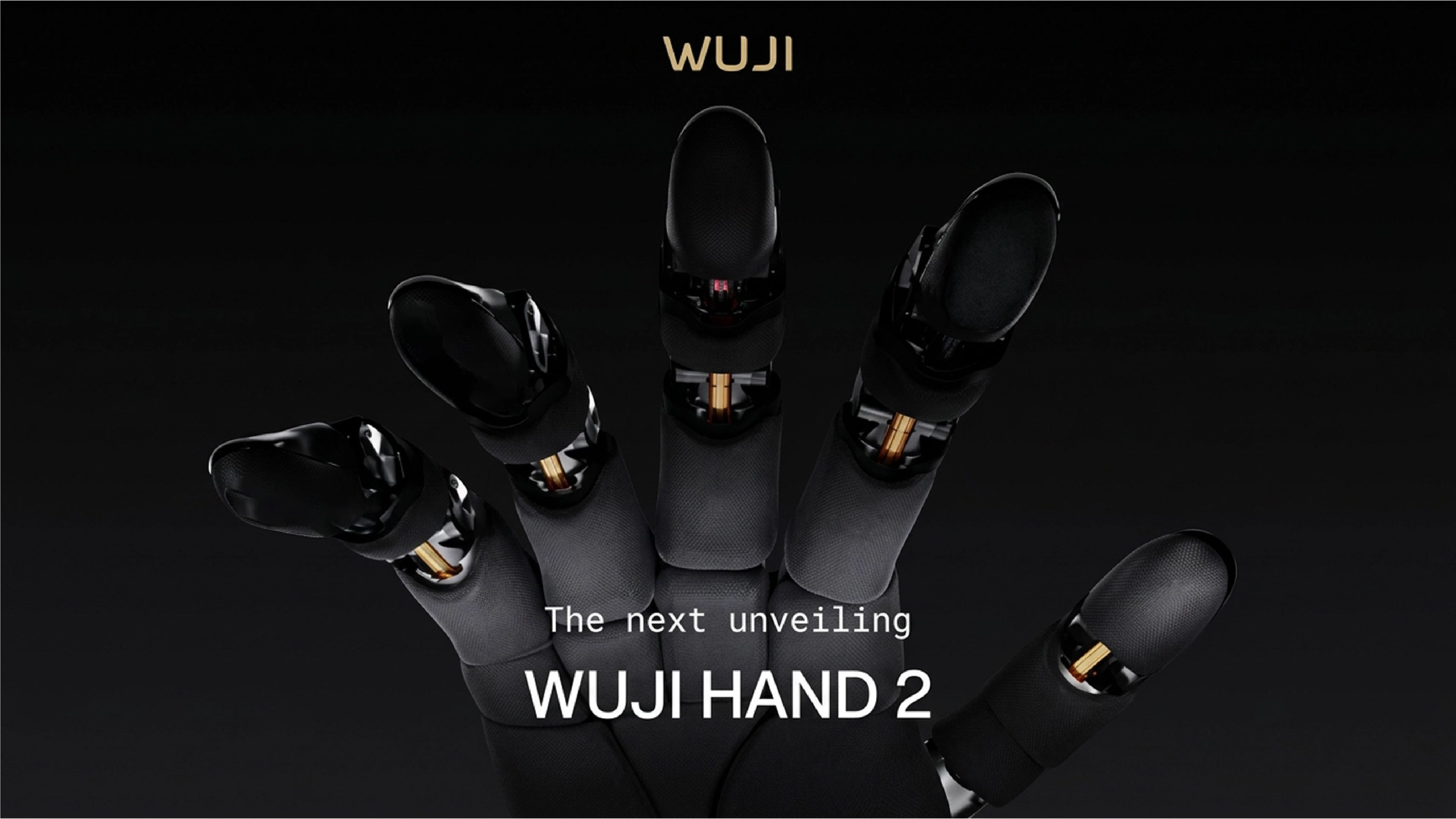 Close-up of the black WUJI Hand 2 dexterous robotic hand, showing its articulated fingers and exposed gold-colored joint components.