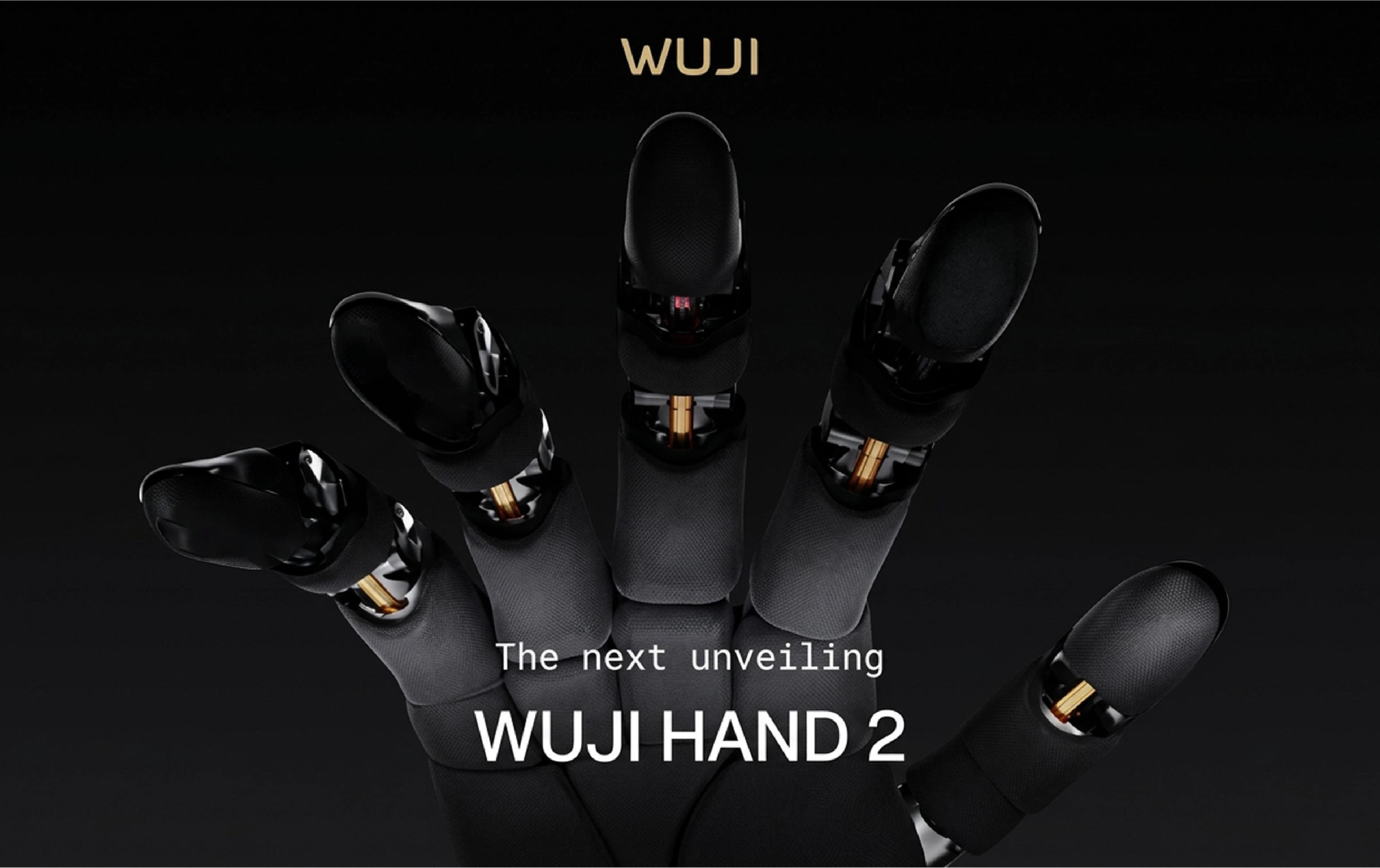 Close-up of the black WUJI Hand 2 dexterous robotic hand, showing its articulated fingers and exposed gold-colored joint components.