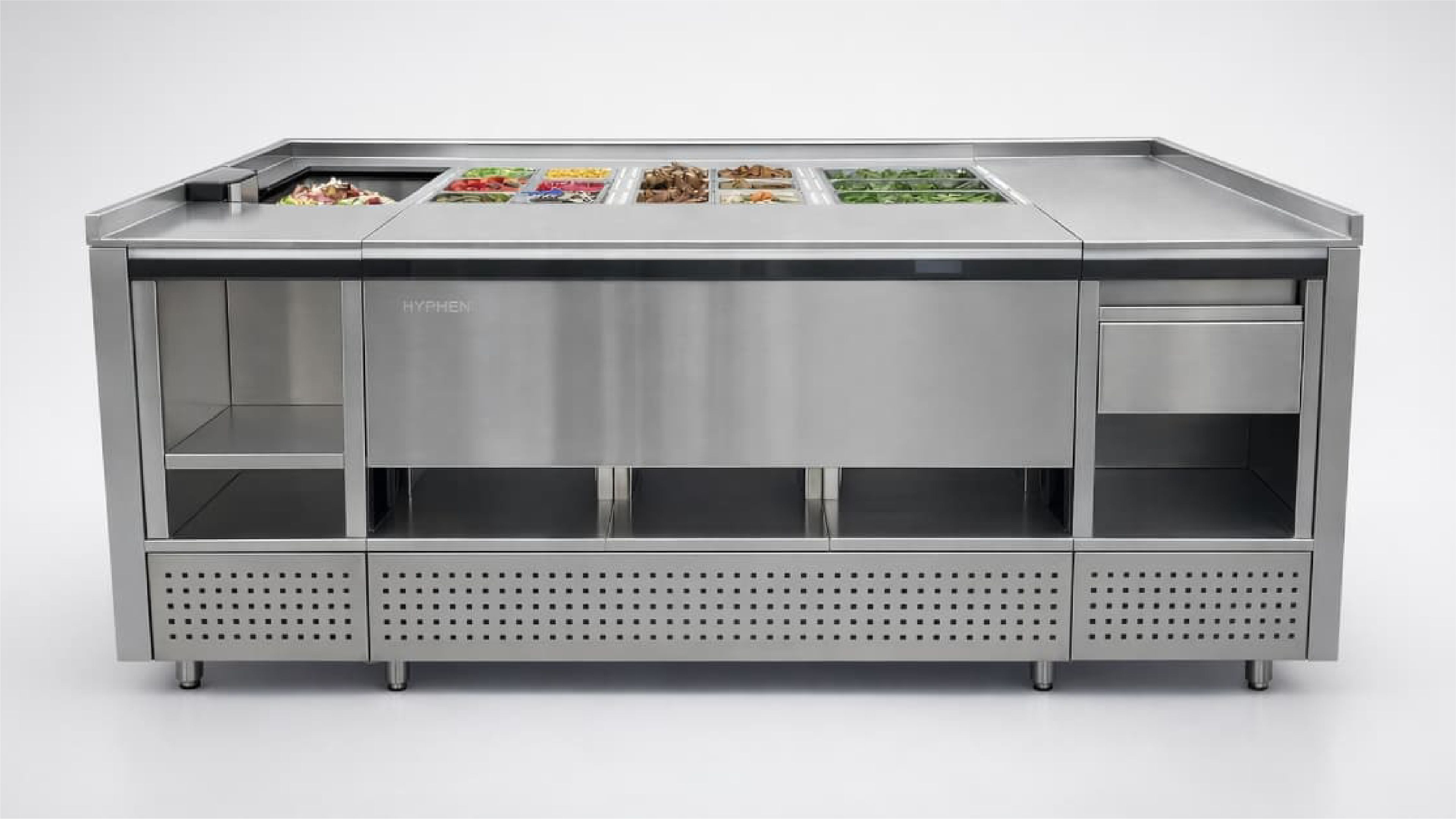 Hyphen's robotic food-preparation system above an enclosed under-counter automation unit.