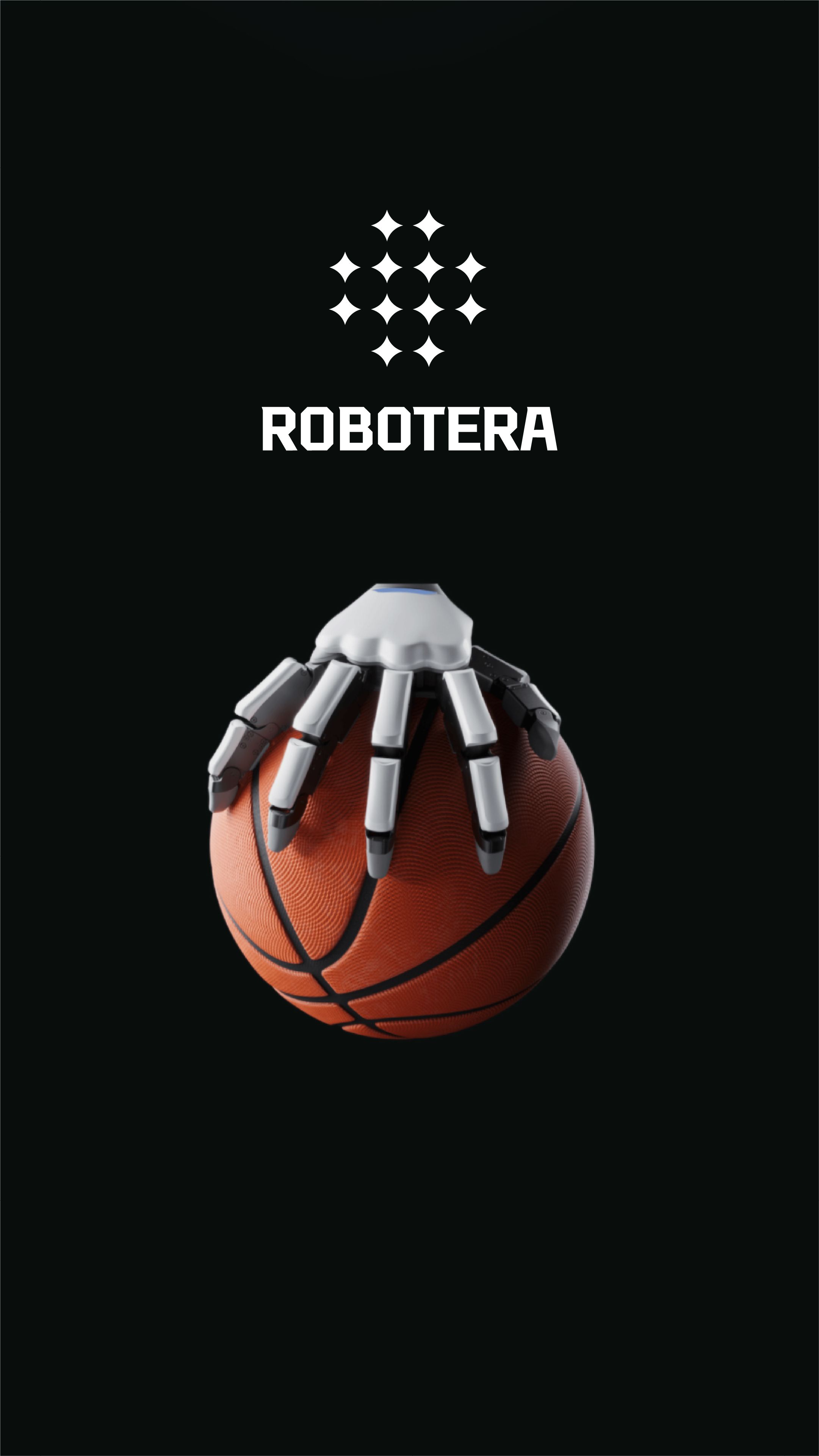 Robotera dexterous robotic hand gripping a basketball against a black background.