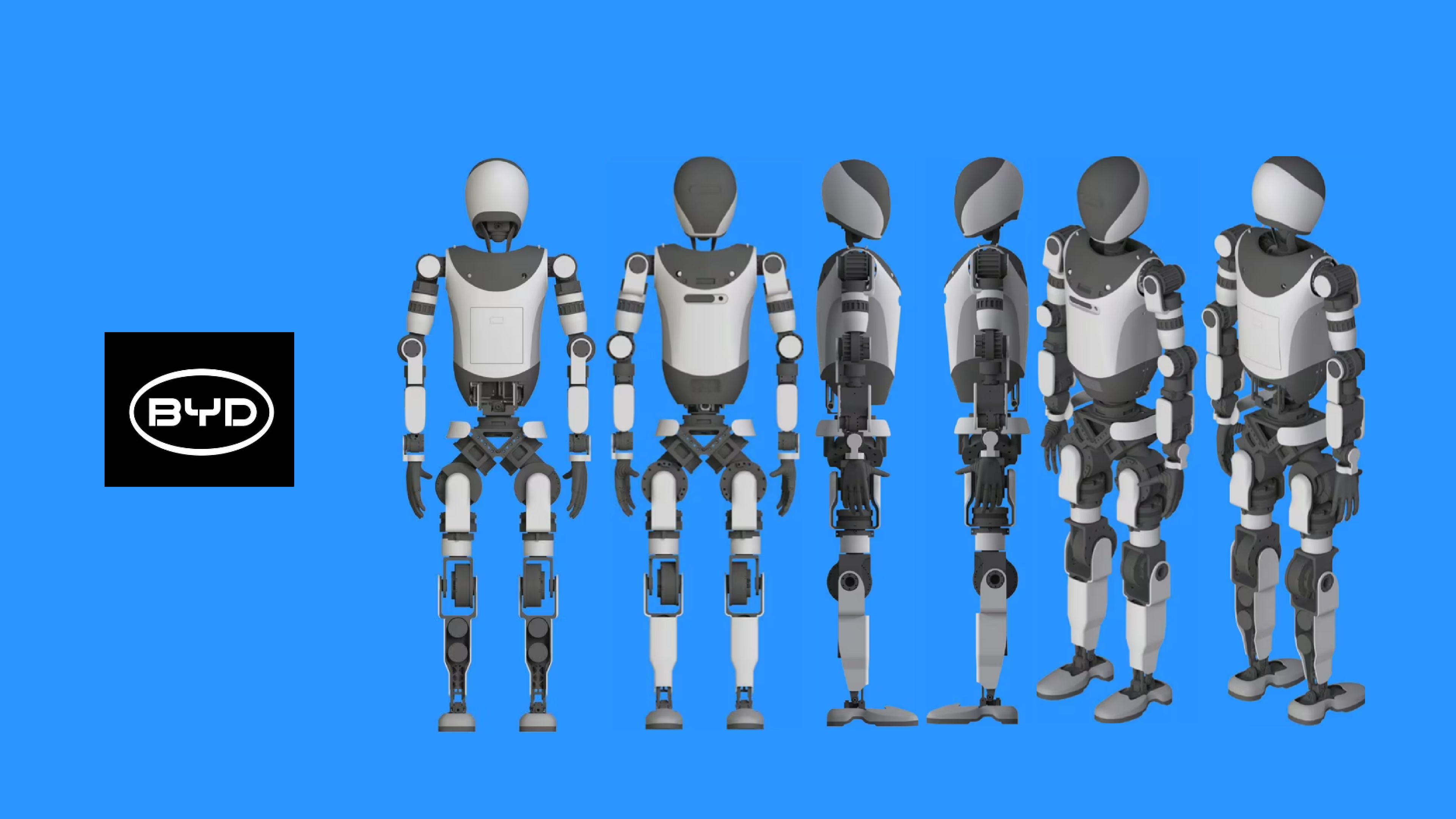 BYD humanoid robot patented design shown from multiple angles alongside the company logo.