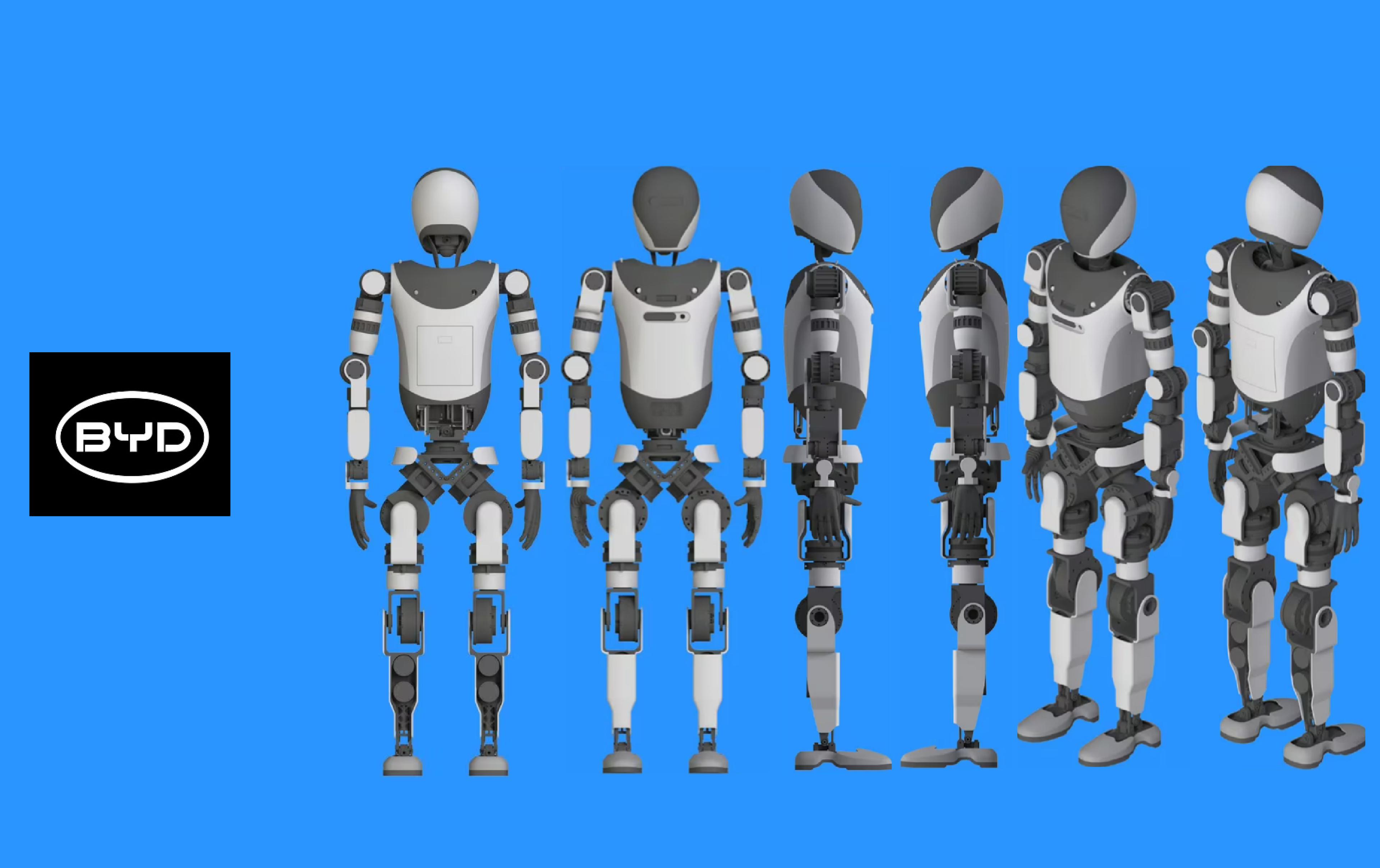 BYD humanoid robot patented design shown from multiple angles alongside the company logo.