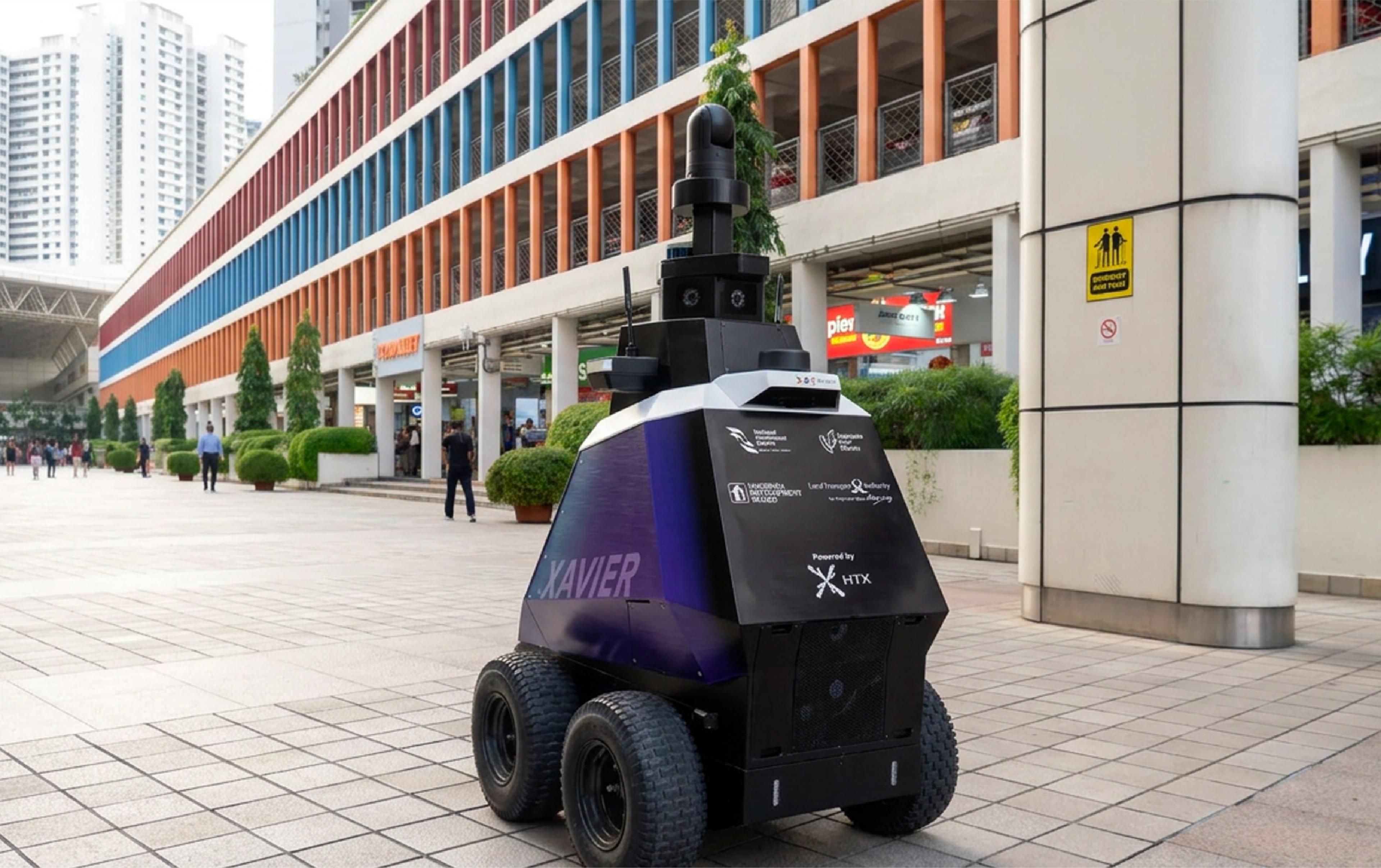 Xavier wheeled patrol robot with a tall camera mast on a pedestrian walkway outside shops in Singapore.