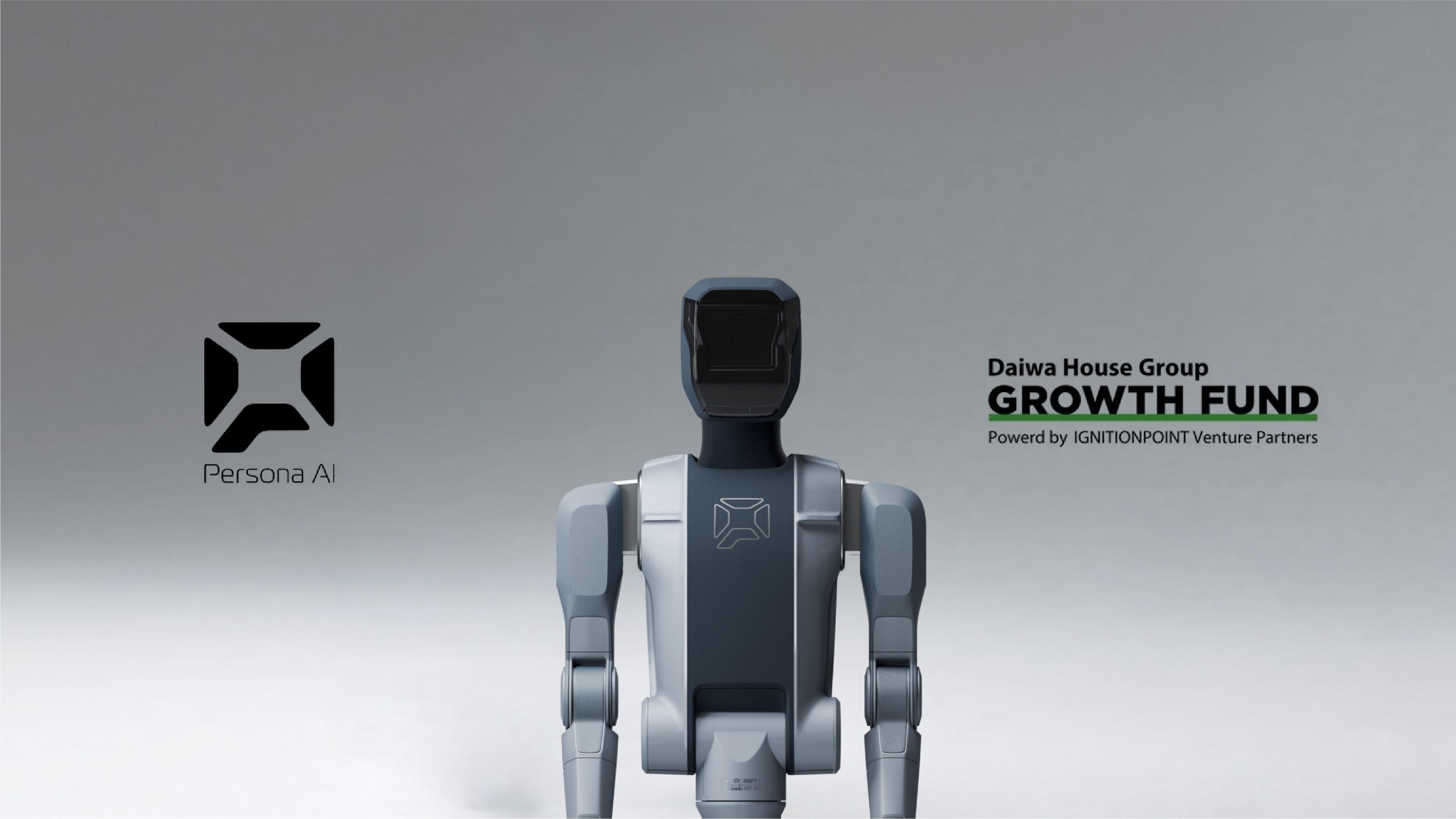 Persona AI humanoid robot shown between the Persona AI and Daiwa House Group Growth Fund logos.