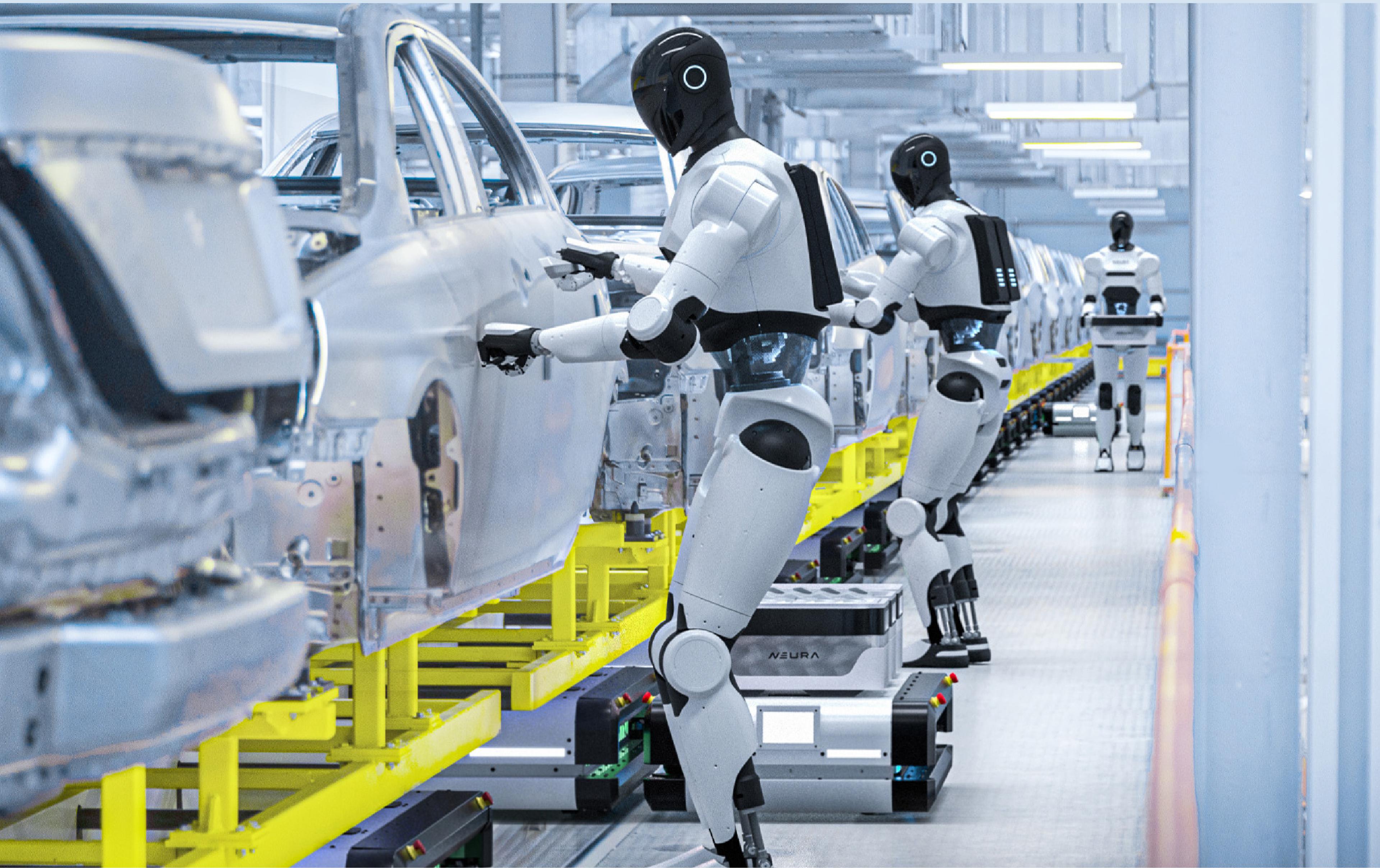 White humanoid robots by Neura Robotics working along an automated car assembly line in a bright, modern factory.